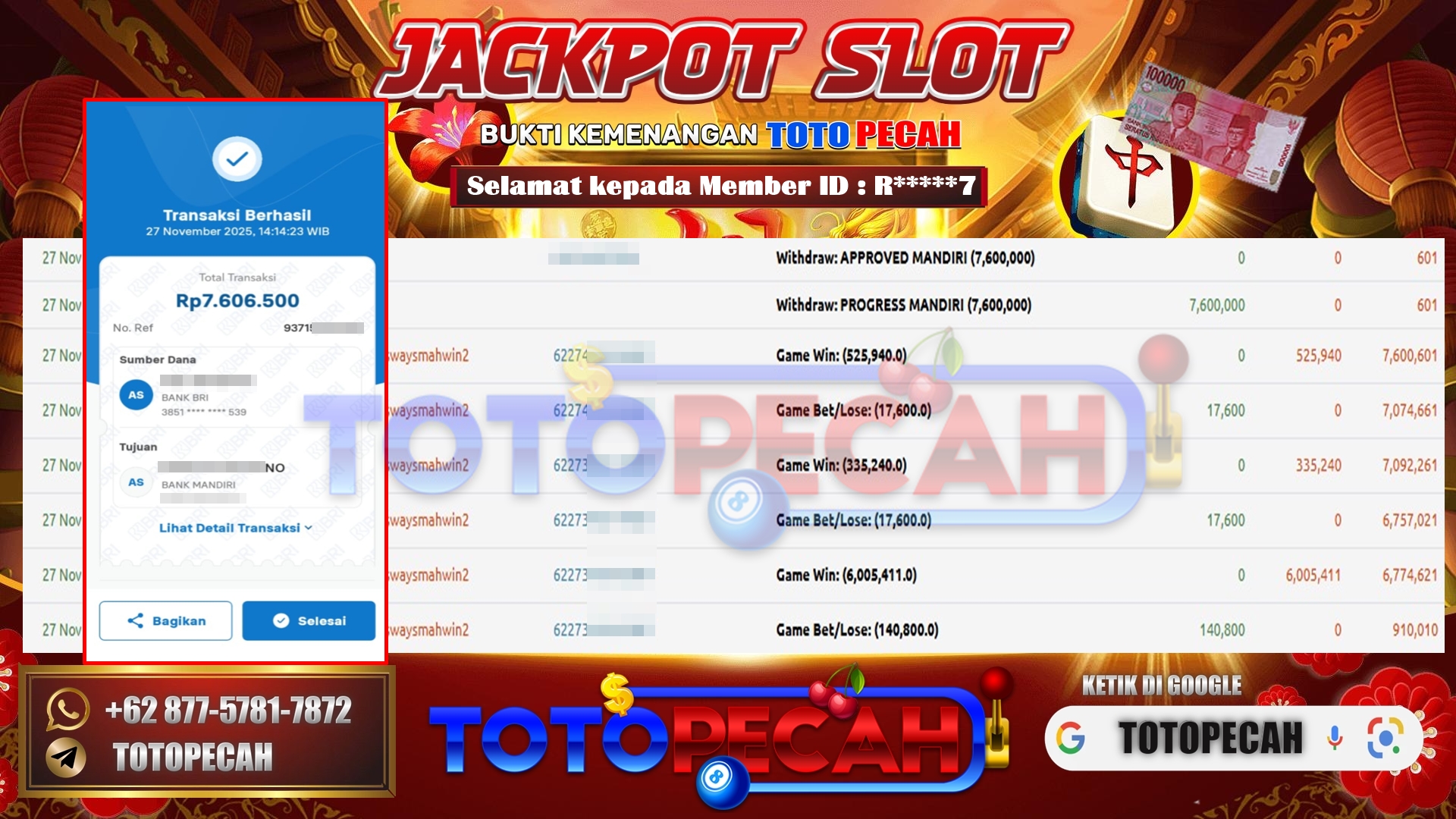 bukti wd totopecah 7.6jt 27 11 2025