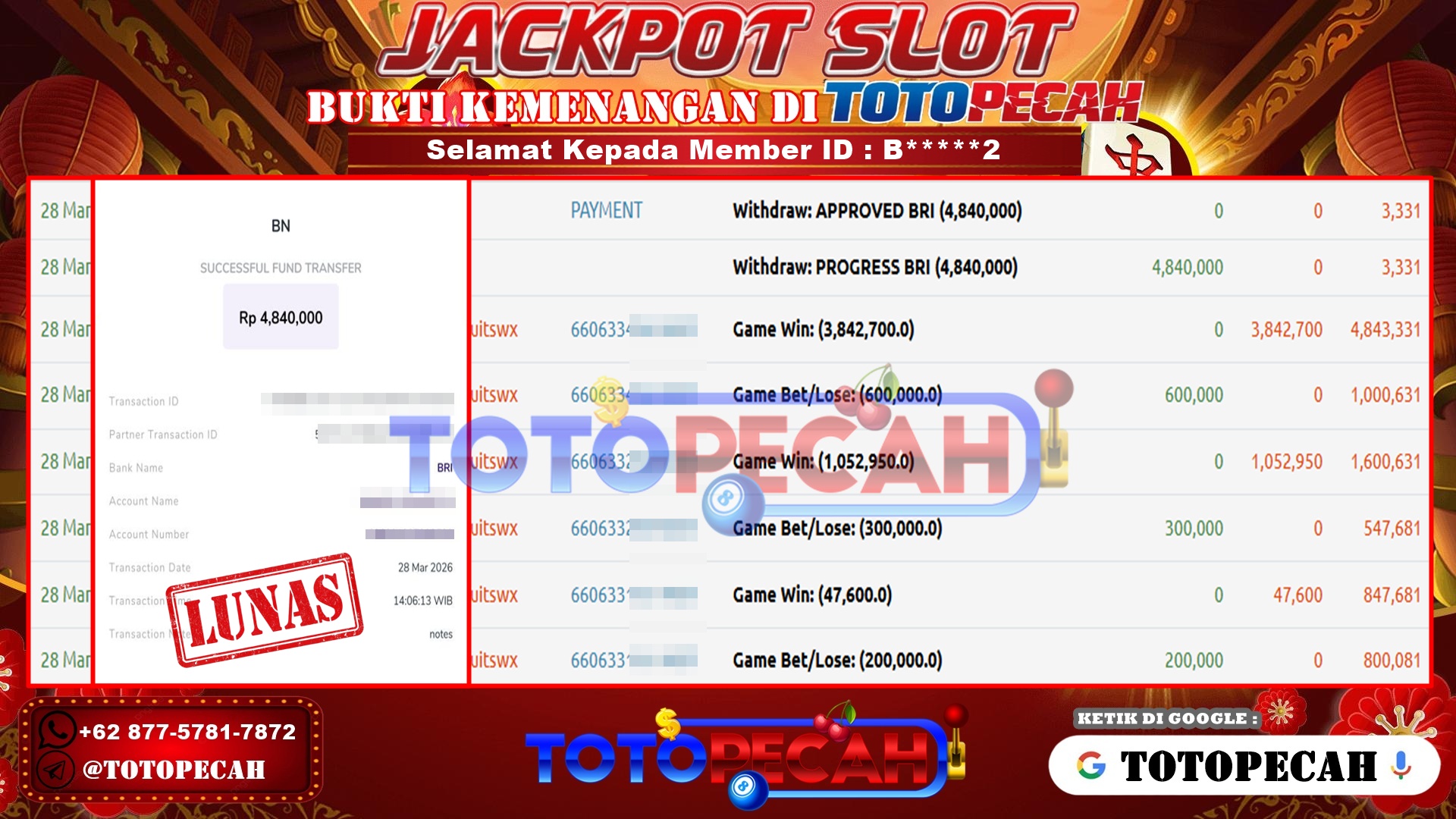 TOTOPECAH – BUKTI KEMENANGAN SLOT SWEET BONANZA 1000 Rp. 4,840,000,- LUNAS BUKTI WD TOTOPECAH 28 03 2026