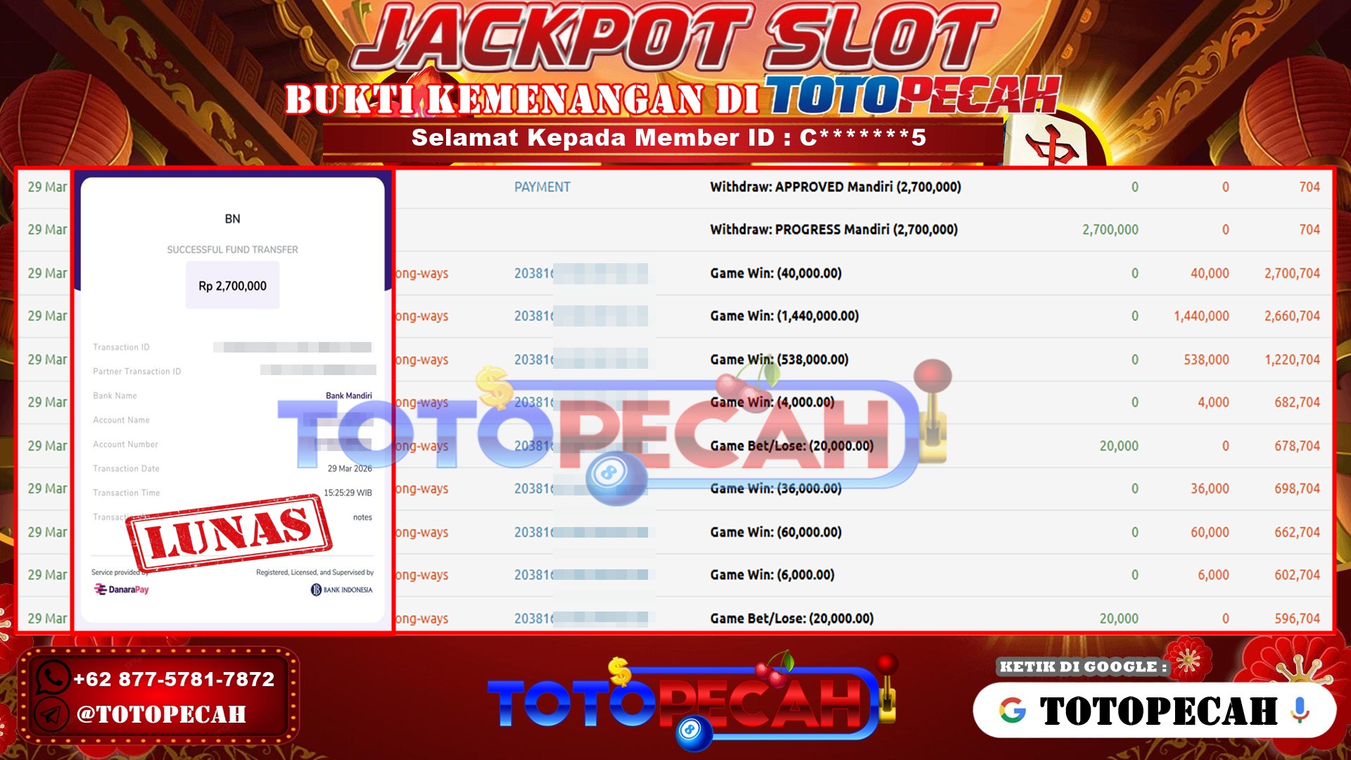 TOTOPECAH – BUKTI KEMENANGAN SLOT MAHJONG WAYS Rp. 2,700,000,- LUNAS BUKTI WD TOTOPECAH 29 03 2026