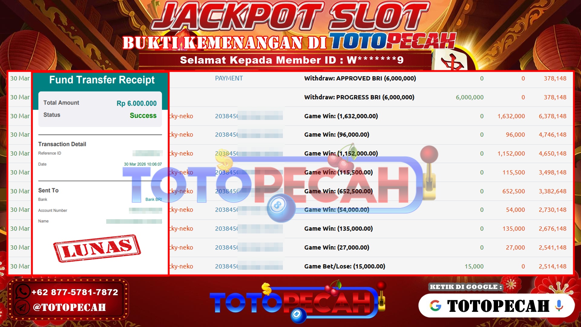 TOTOPECAH – BUKTI KEMENANGAN SLOT LUCKY NEKO Rp. 6,000,000,- LUNAS BUKTI WD TOTOPECAH 30 03 2026