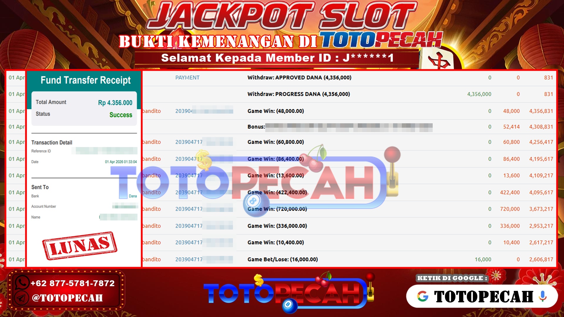 TOTOPECAH – BUKTI KEMENANGAN SLOT WILD BANDITO Rp. 4,356,000,- LUNAS BUKTI WD TOTOPECAH 01 04 2026