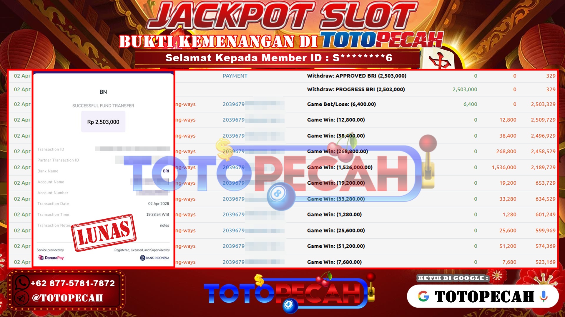 TOTOPECAH – BUKTI KEMENANGAN SLOT MAHJONG WAYS Rp. 2,503,000,- LUNAS BUKTI WD TOTOPECAH 02 04 2026