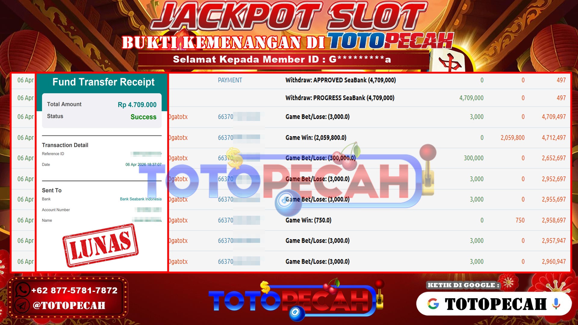 TOTOPECAH – BUKTI KEMENANGAN SLOT GATES OF GATOT KACA 1000 Rp. 4,700,000,- LUNAS BUKTI WD TOTOPECAH 06 04 2026