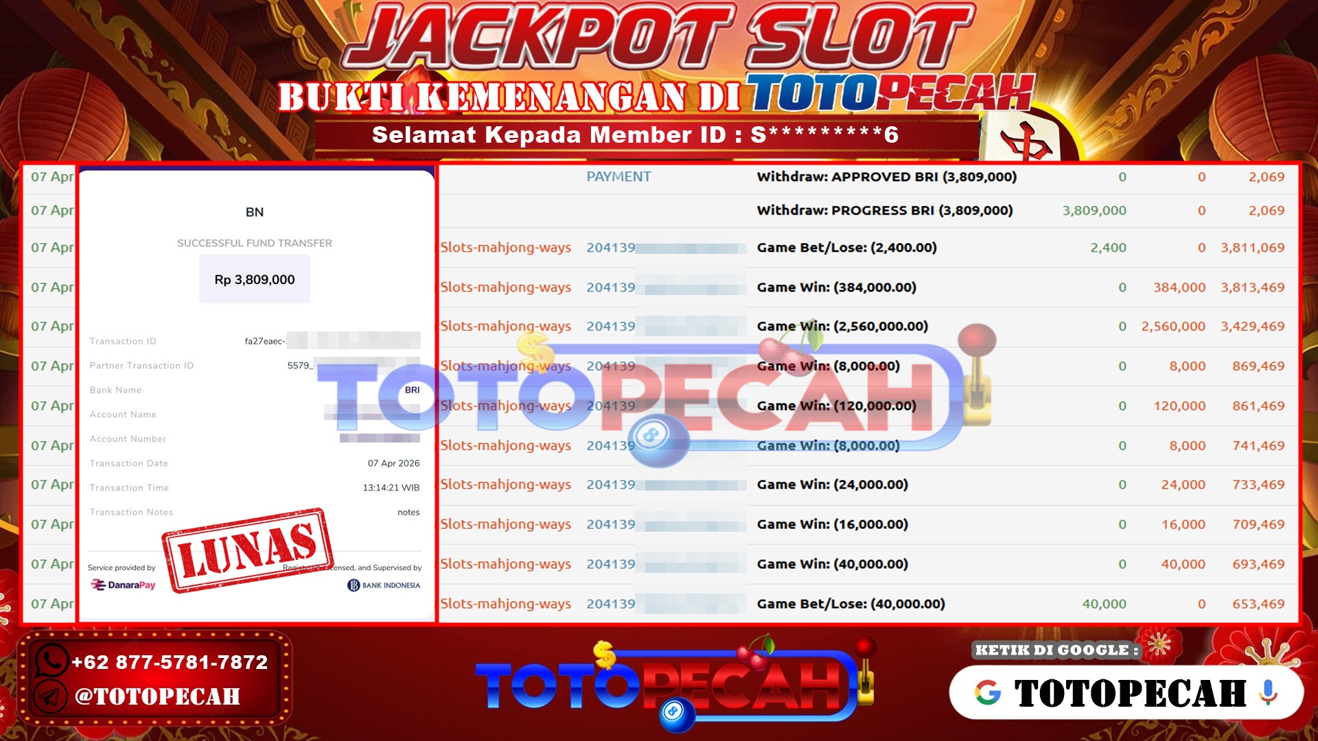 TOTOPECAH – BUKTI KEMENANGAN SLOT MAHJONG WAYS Rp. 3,809,000,- LUNAS BUKTI WD TOTOPECAH 07 04 2026