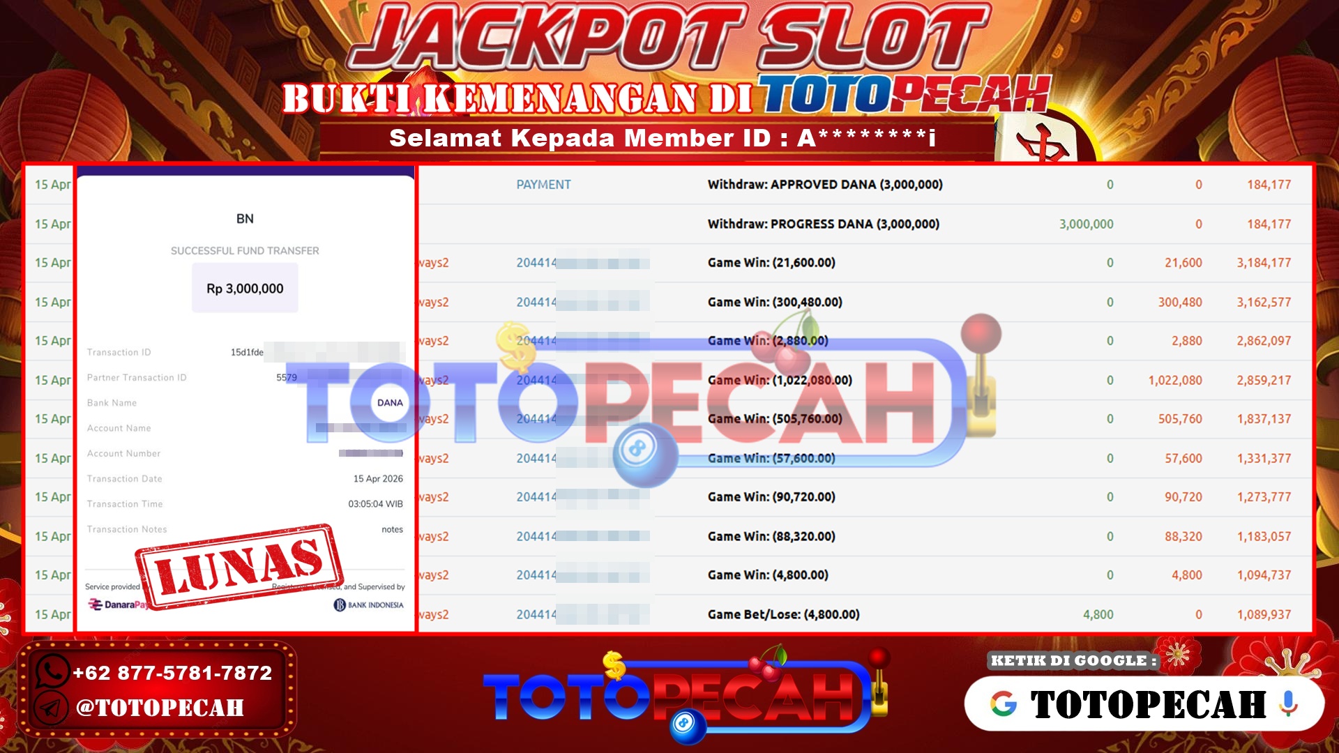 TOTOPECAH – BUKTI KEMENANGAN SLOT MAHJONG WAYS 2 Rp. 3,000,000,- LUNAS BUKTI WD TOTOPECAH 15 04 2026