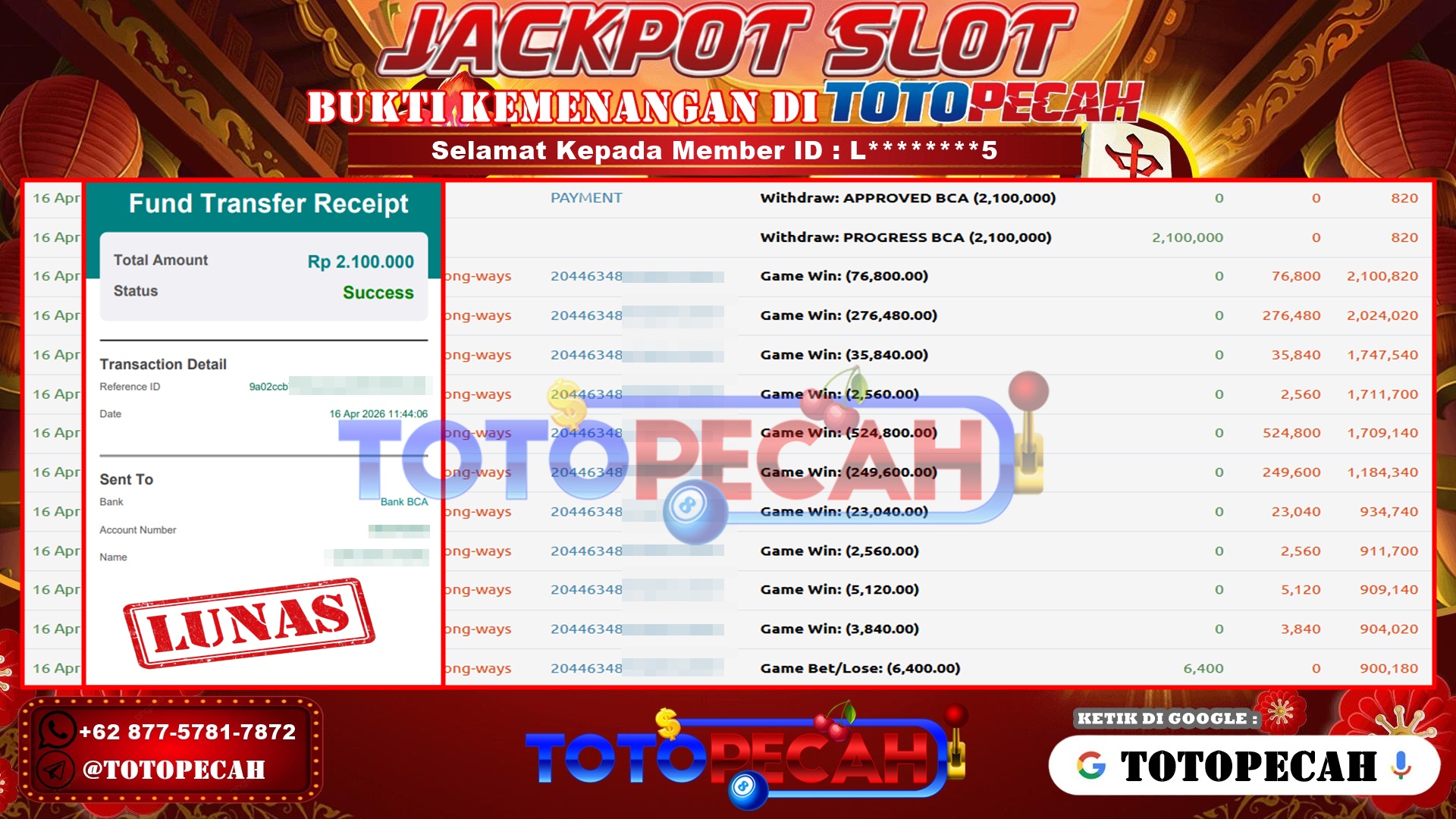 TOTOPECAH – BUKTI KEMENANGAN SLOT MAHJONG WAYS Rp. 2,100,000,- LUNAS BUKTI WD TOTOPECAH 16 04 2026