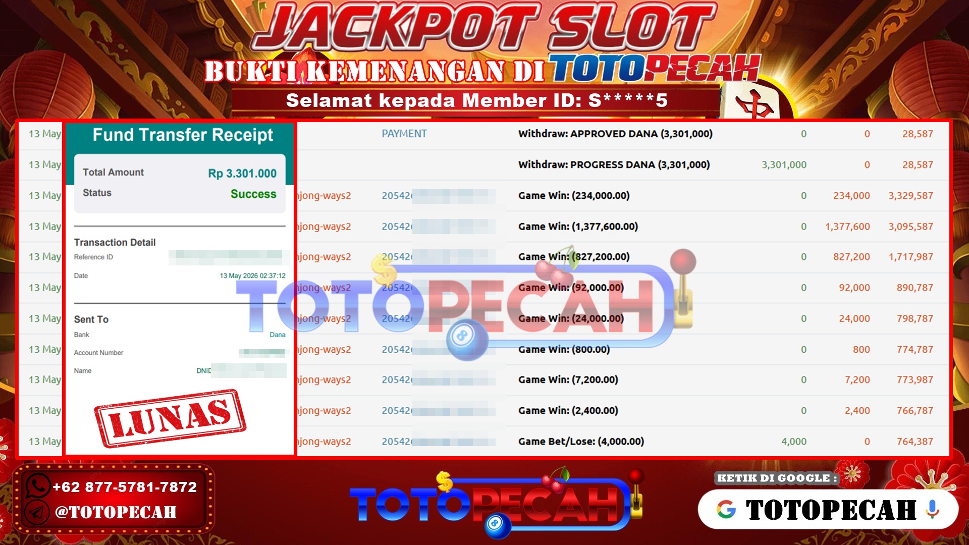 TOTOPECAH – BUKTI KEMENANGAN SLOT MAHJONG WAYS 2 Rp 3,301,000 LUNAS! BUKTI WD TOTOPECAH 13 05 2026