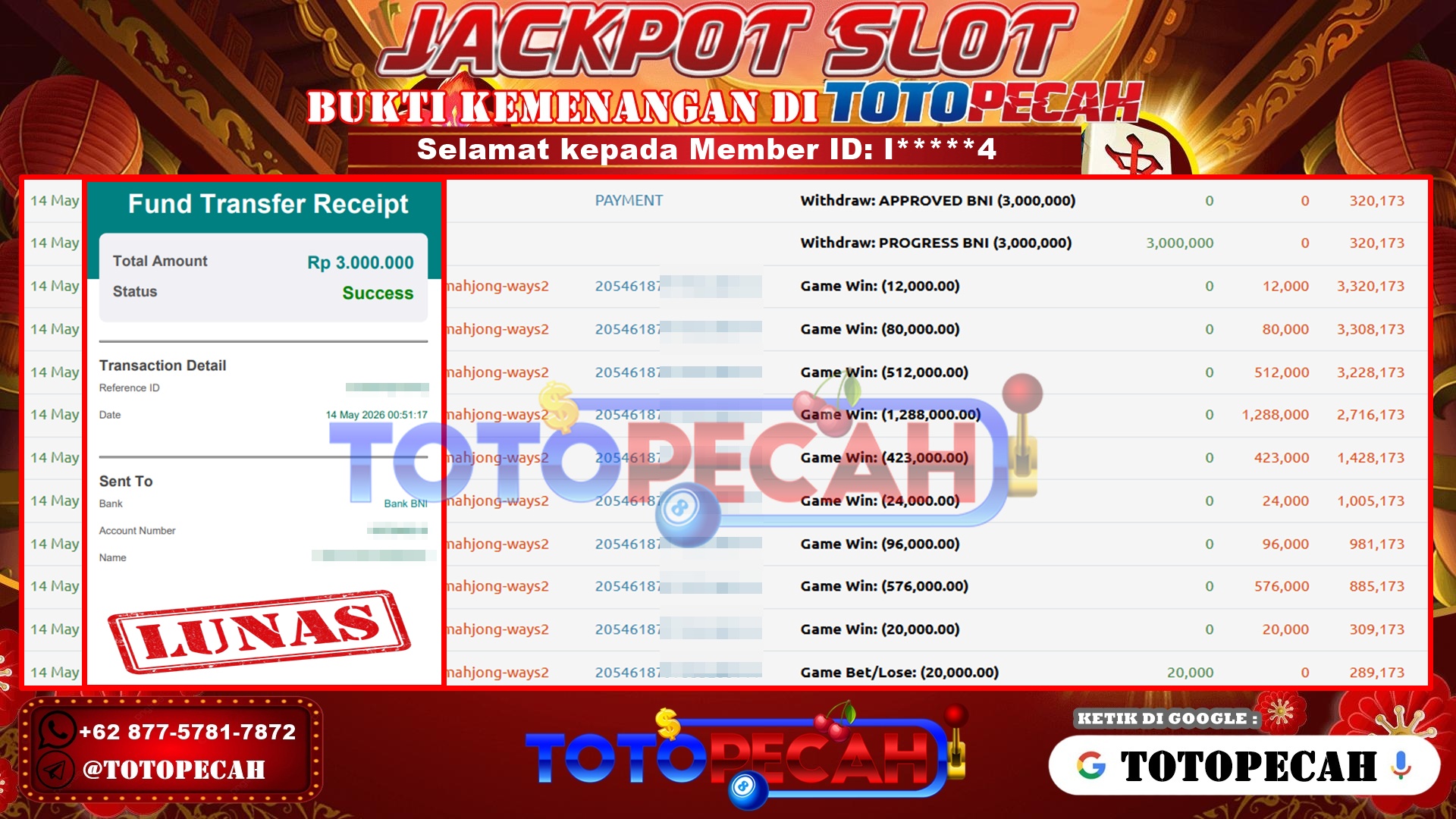 TOTOPECAH – BUKTI KEMENANGAN SLOT MAHJONG WAYS 2 Rp 3,000,000 LUNAS! BUKTI WD TOTOPECAH 14 05 2026