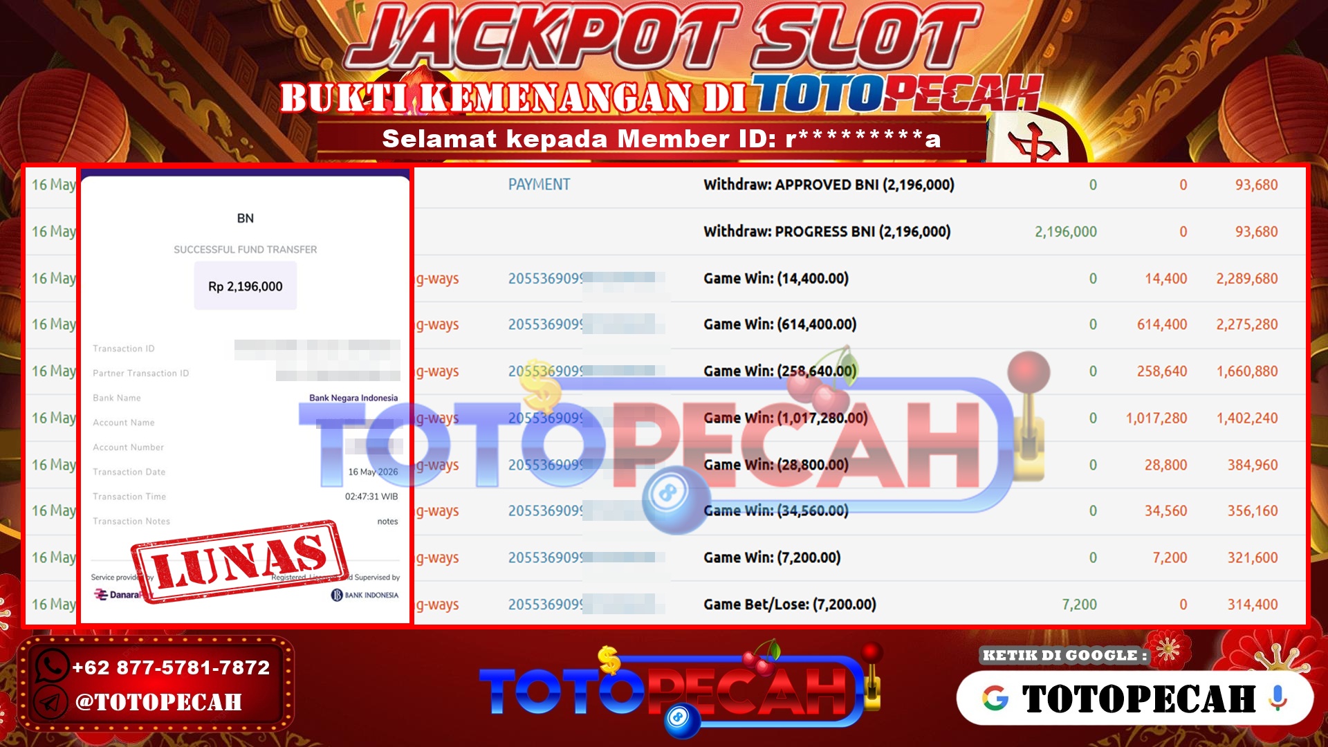 TOTOPECAH – BUKTI KEMENANGAN SLOT MAHJONG WAYS Rp 2,196,000 LUNAS! BUKTI WD TOTOPECAH 16 05 2026