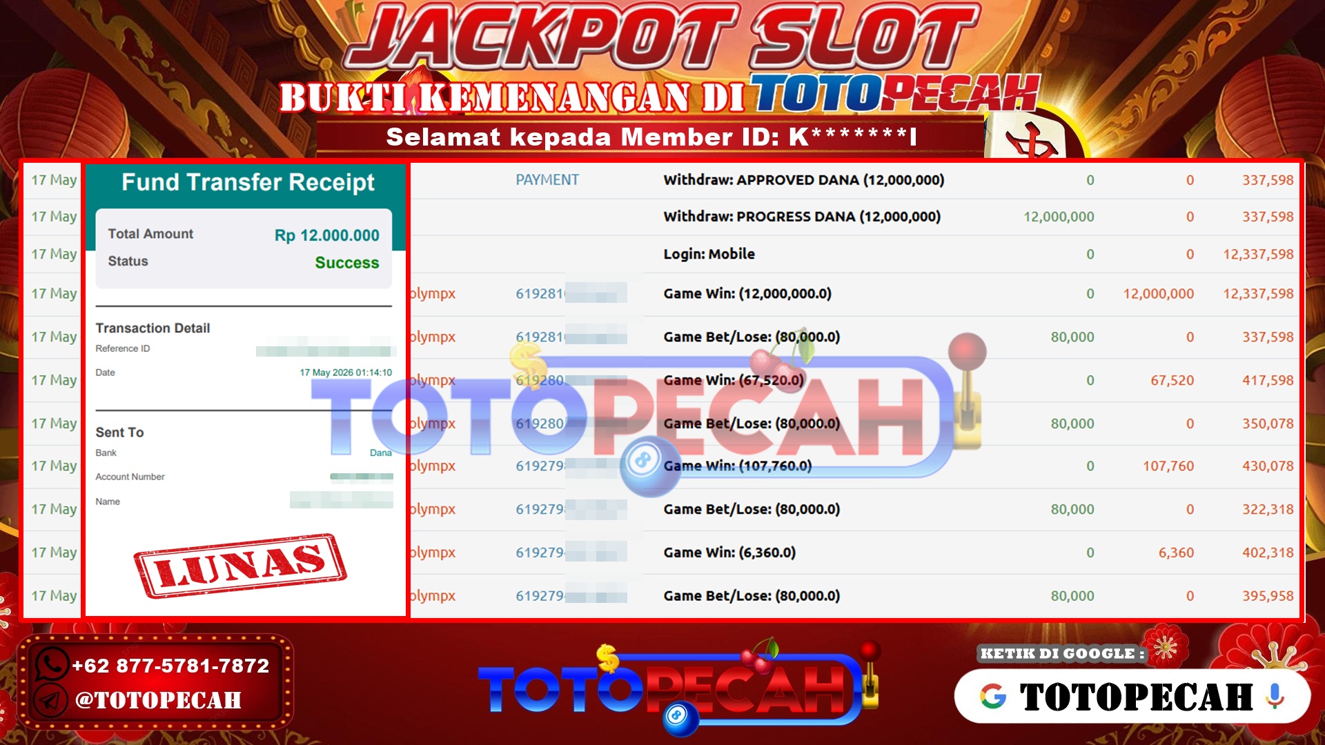 TOTOPECAH – BUKTI KEMENANGAN SLOT GATES OF OLYMPUS 1000 Rp 12,000,000 LUNAS! BUKTI WD TOTOPECAH 17 05 2026