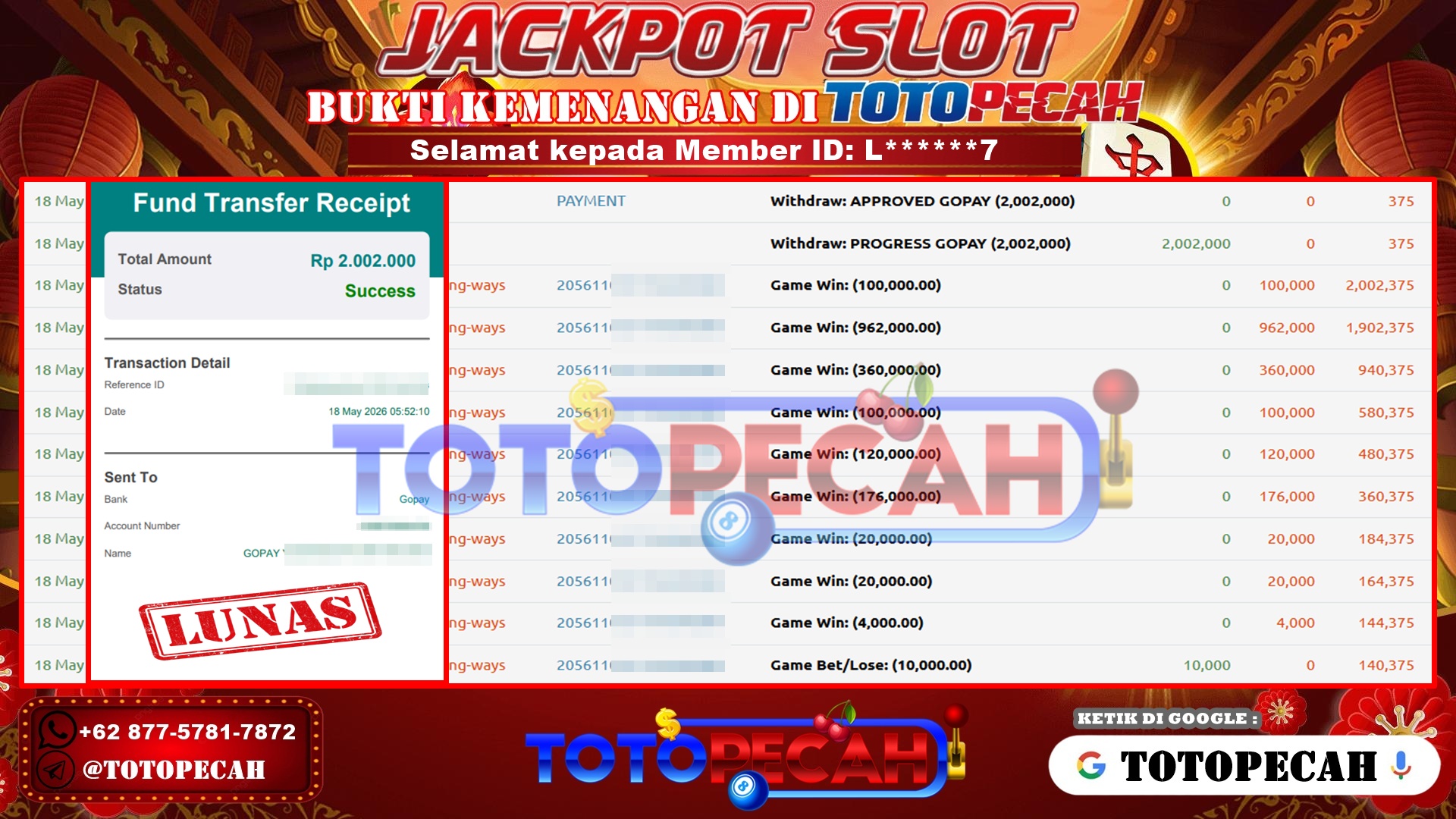 TOTOPECAH – BUKTI KEMENANGAN SLOT MAHJONG WAYS Rp 2,002,000 LUNAS! BUKTI WD TOTOPECAH 18 05 2026