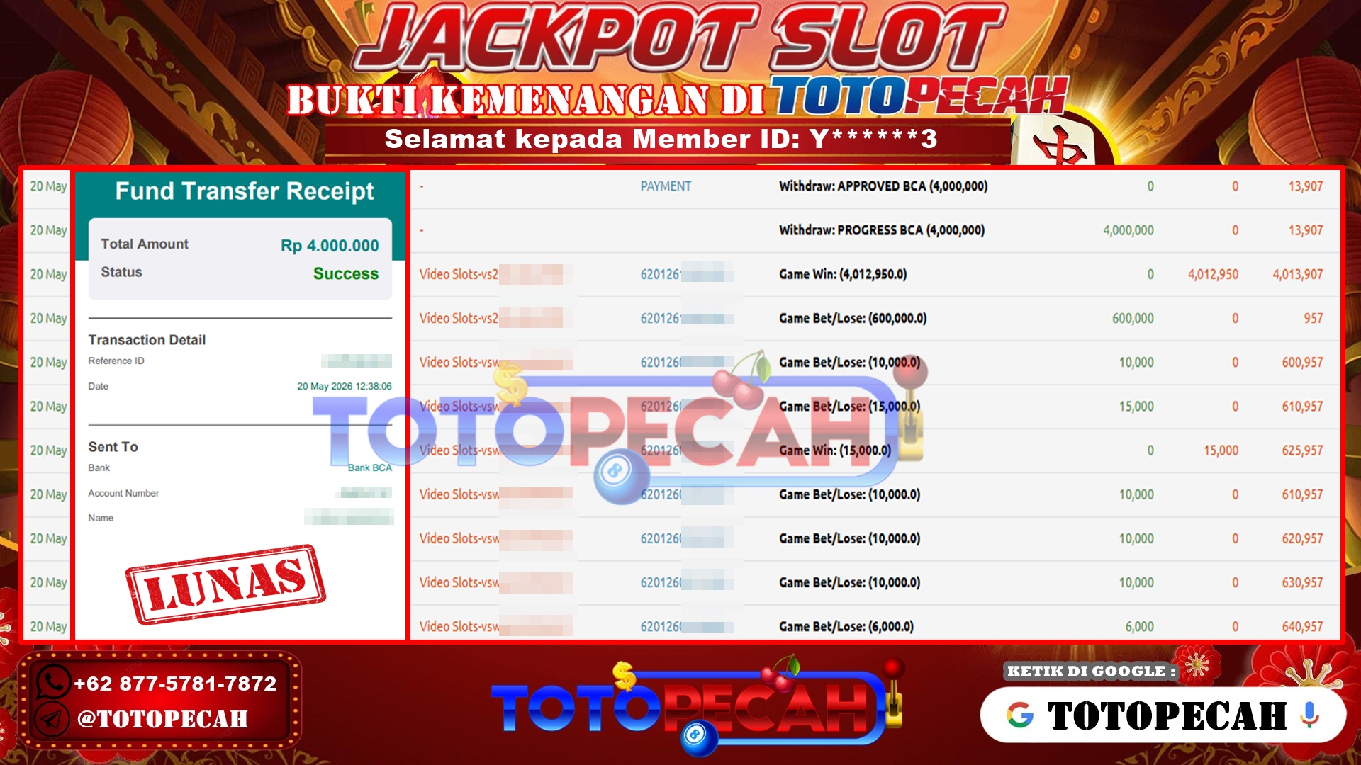 TOTOPECAH – BUKTI KEMENANGAN SLOT SWEET BONANZA 2500 Rp 4,000,000 LUNAS! BUKTI WD TOTOPECAH 20 05 2026