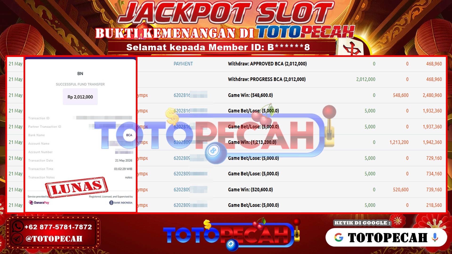 TOTOPECAH – BUKTI KEMENANGAN SLOT GATES OF OLYMPUS 1000 Rp 2,012,000 LUNAS! BUKTI WD TOTOPECAH 21 05 2026