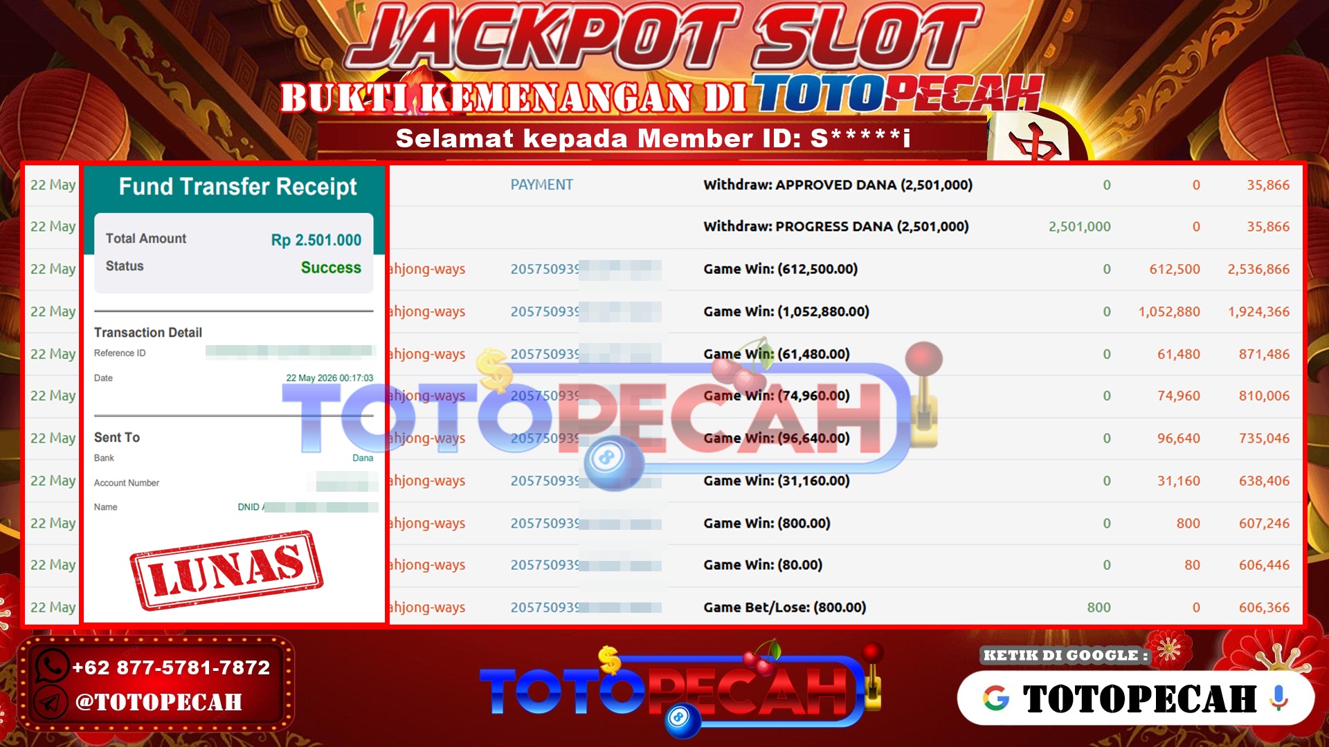 TOTOPECAH – BUKTI KEMENANGAN SLOT MAHJONG WAYS Rp 2,501,000 LUNAS! bukti wd totopecah 22 05 2026