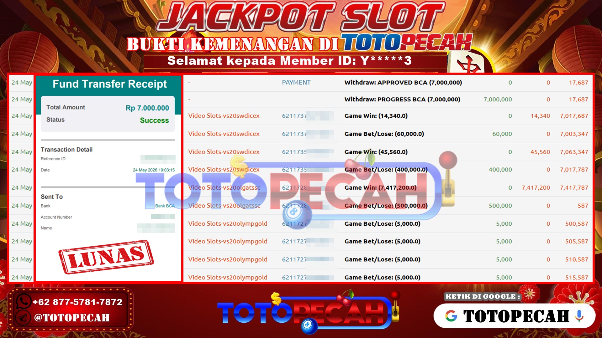 TOTOPECAH – BUKTI KEMENANGAN SLOT GATES OF OLYMPUS SUPERSCATTER Rp 7,000,000 LUNAS! BUKTI WD TOTOPECAH 24 05 2026
