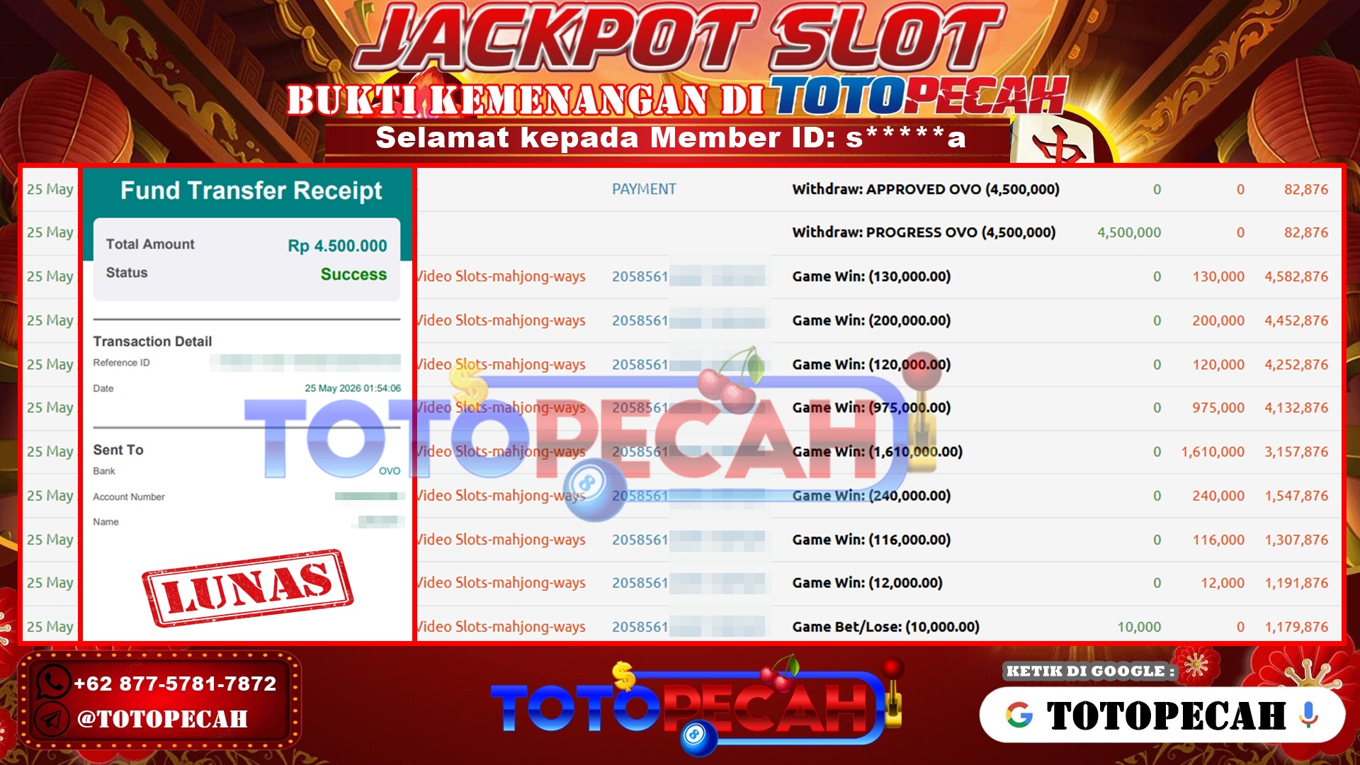 TOTOPECAH – BUKTI KEMENANGAN SLOT MAHJONG WAYS Rp 4,500,000 LUNAS! BUKTI WD TOTOPECAH 25 05 2026