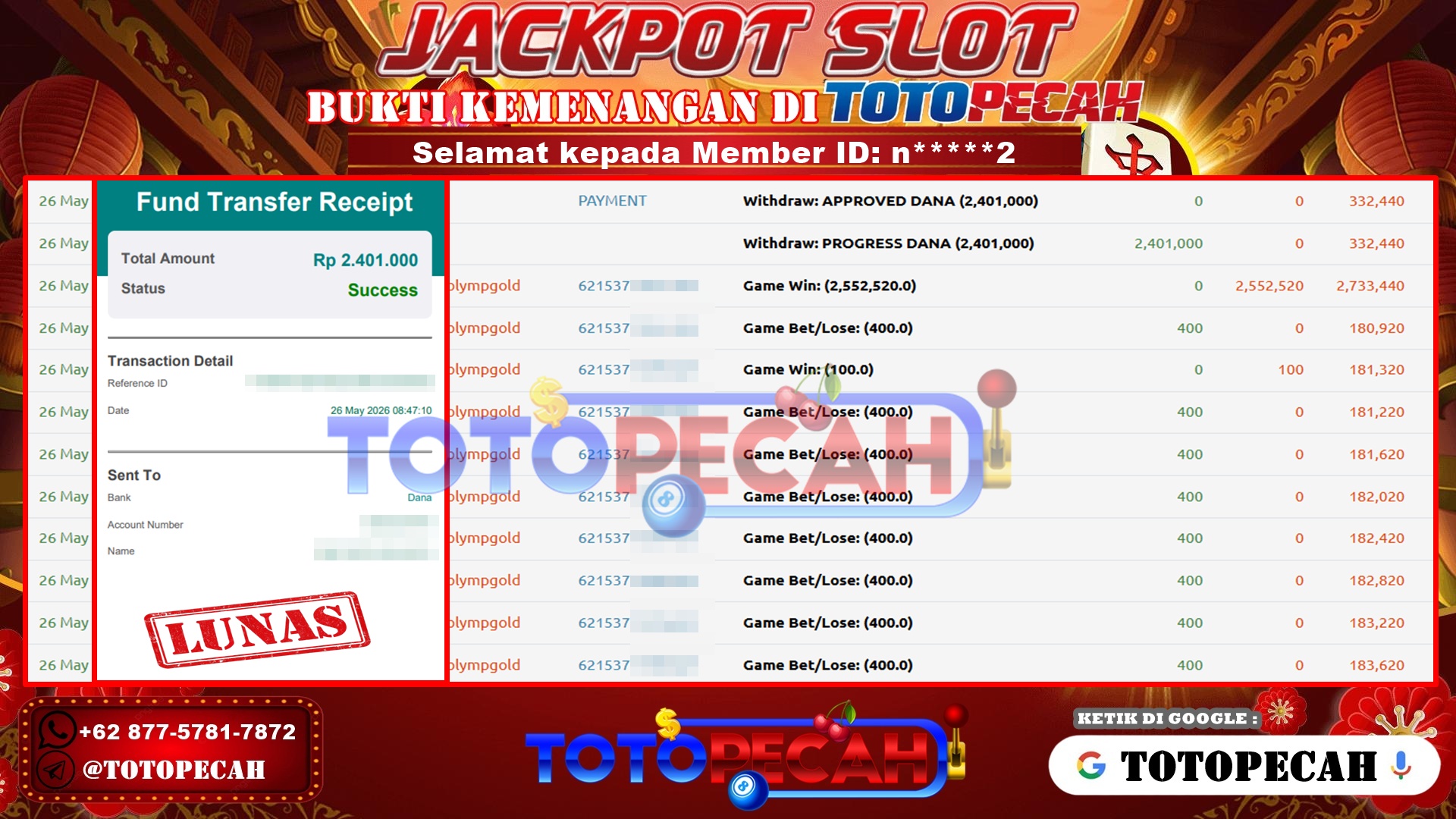 TOTOPECAH – BUKTI KEMENANGAN SLOT GATES OF OLYMPUS SUPERSCATTER Rp 2,401,000 LUNAS! BUKTI WD TOTOPECAH 26 05 2026