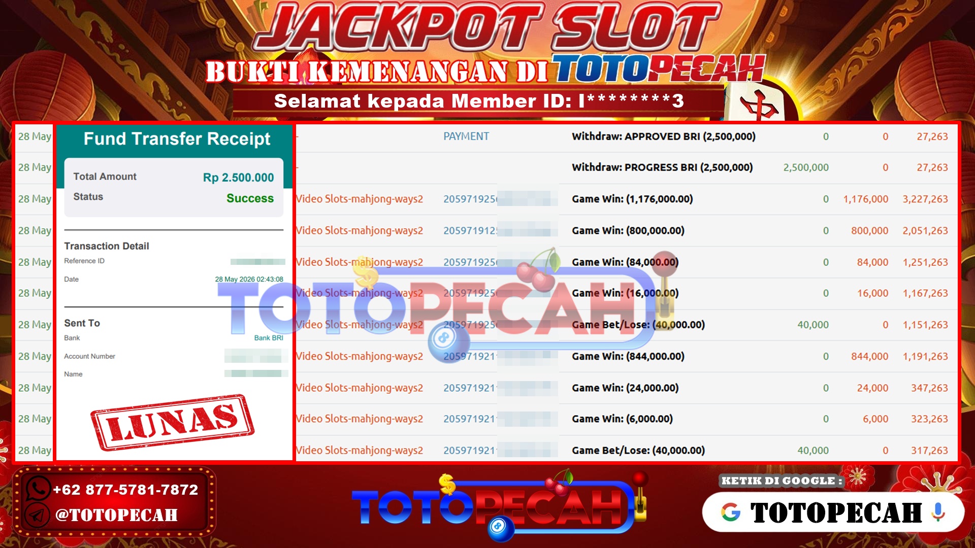 TOTOPECAH – BUKTI KEMENANGAN SLOT MAHJONG WAYS 1 Rp 2,500,000 LUNAS! BUKTI WD TOTOPECAH 28 05 2026