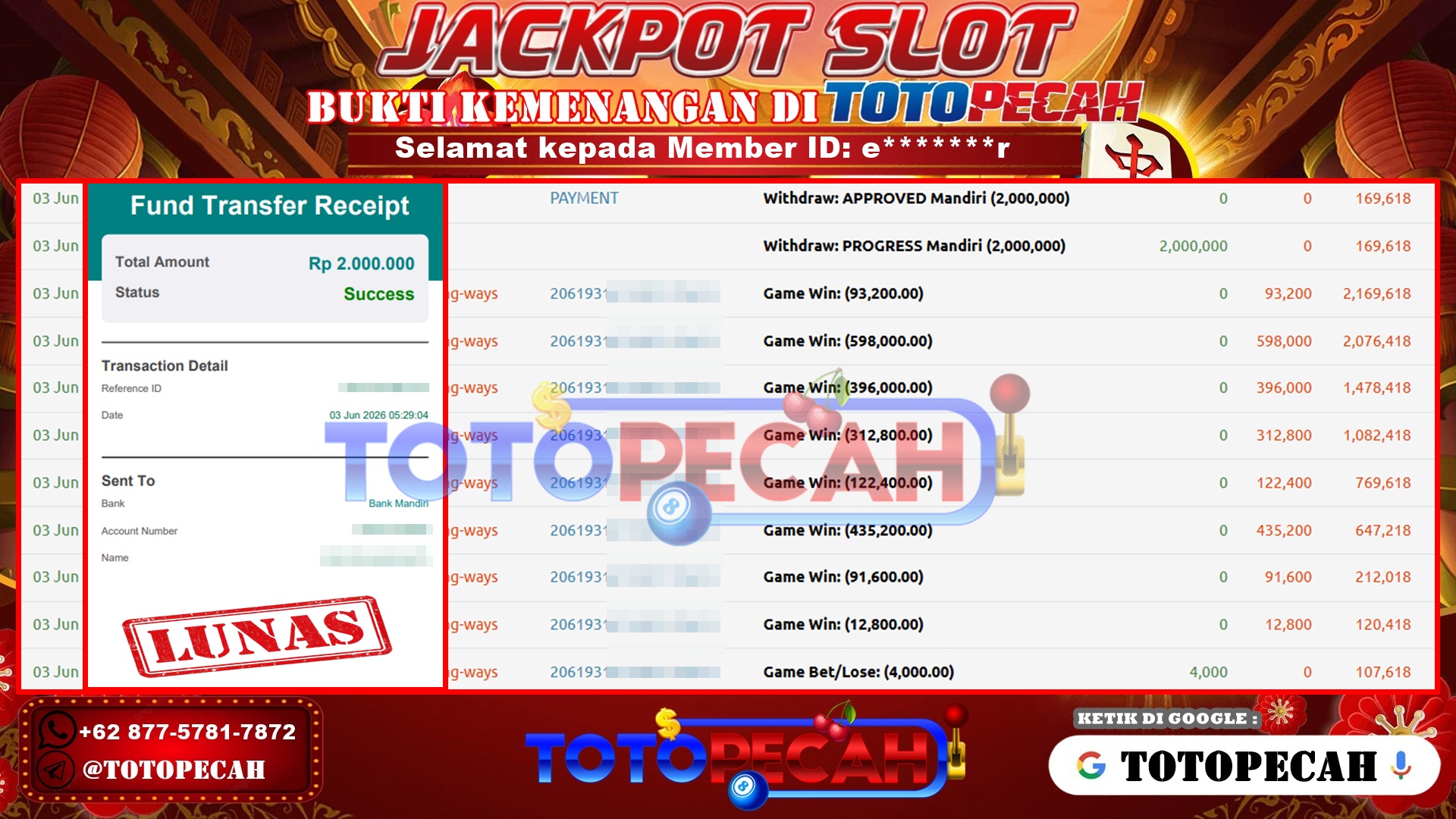 TOTOPECAH – BUKTI KEMENANGAN SLOT MAHJONG WAYS 1 Rp 2,000,000 LUNAS! BUKTI WD TOTOPECAH 03 06 2026
