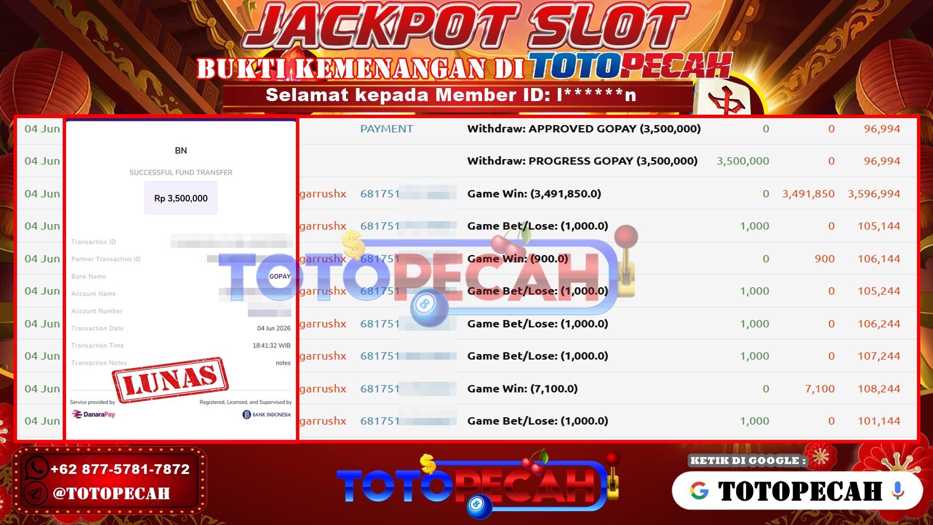 TOTOPECAH – BUKTI KEMENANGAN SLOT SUGAR RUSH 1000 Rp 3,500,000 LUNAS! BUKTI WD TOTOPECAH 04 06 2026