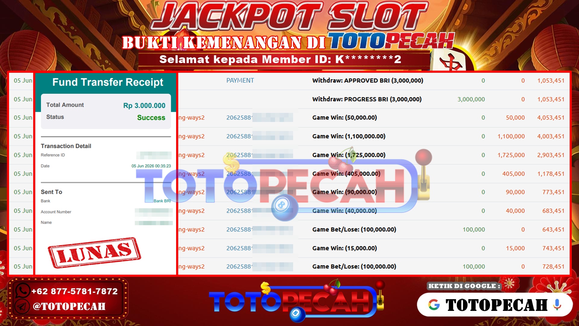 TOTOPECAH – BUKTI KEMENANGAN SLOT MAHJONG WAYS 2 Rp 3,000,000 LUNAS! BUKTI WD TOTOPECAH 05 06 2026