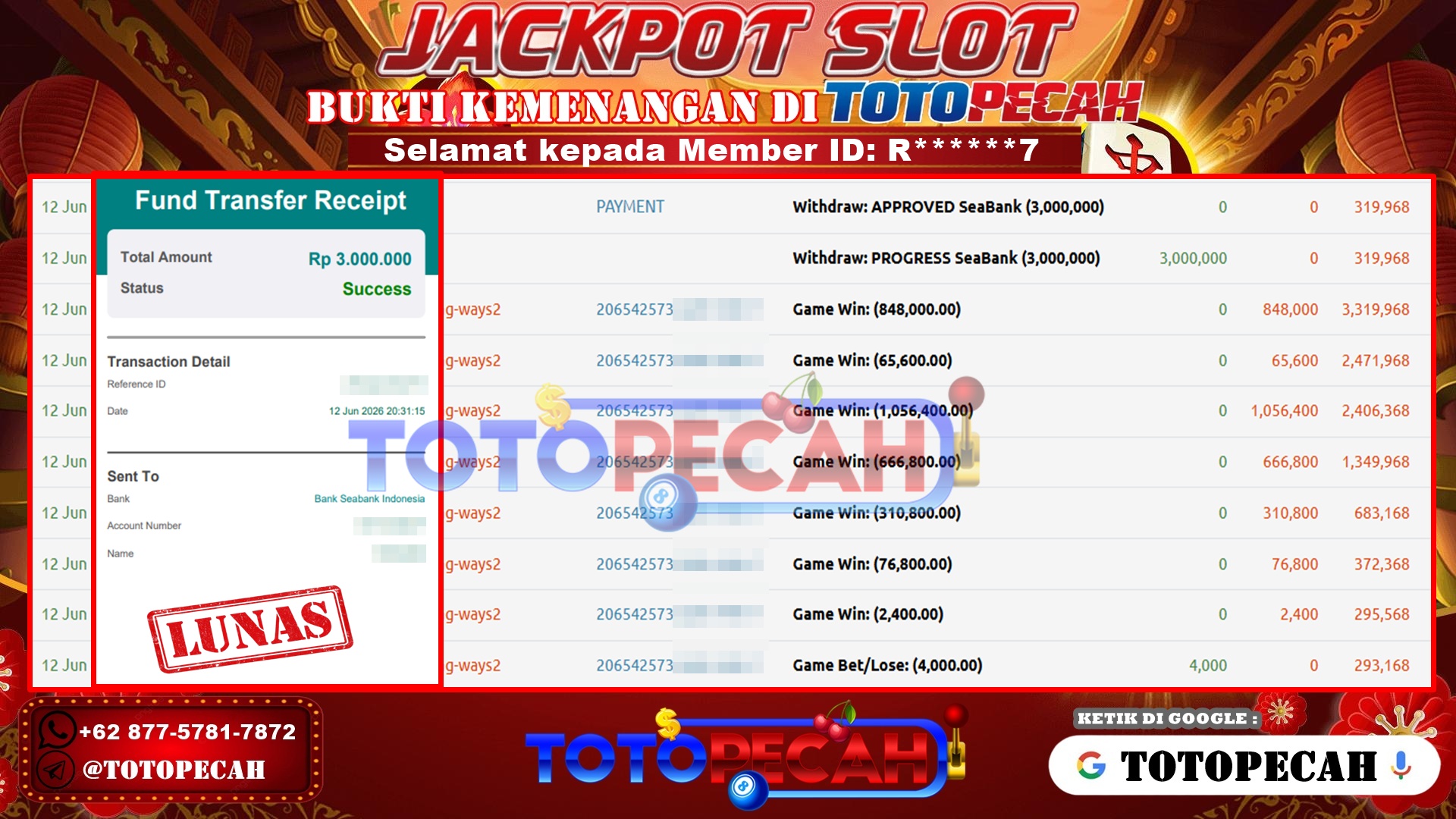 TOTOPECAH – BUKTI KEMENANGAN SLOT MAHJONG WAYS 2 Rp 3,000,000 LUNAS! BUKTI WD TOTOPECAH 12 06 2026