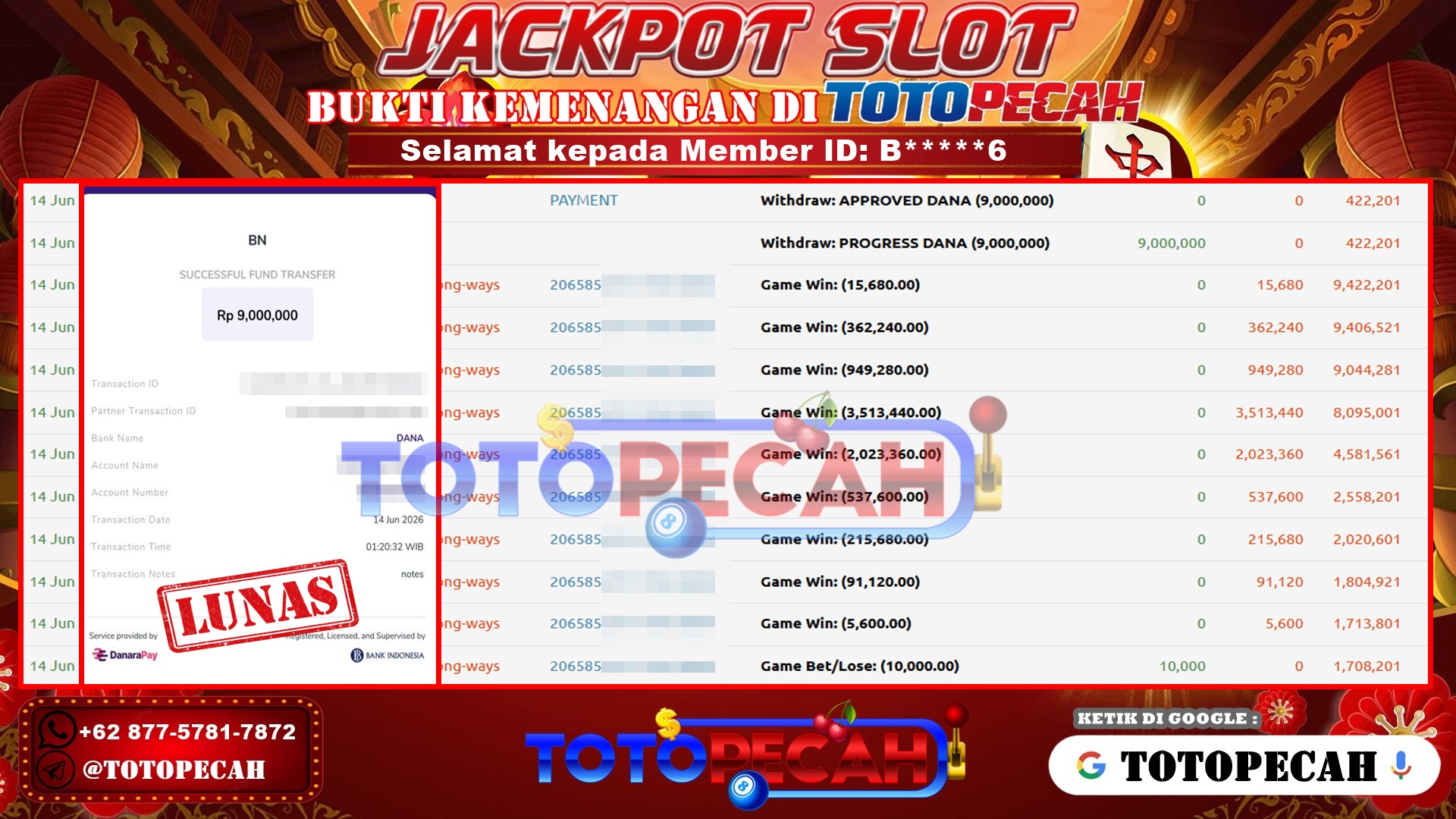 TOTOPECAH – BUKTI KEMENANGAN SLOT MAHJONG WAYS Rp 9,000,000 LUNAS! BUKTI WD TOTOPECAH 14 06 2026
