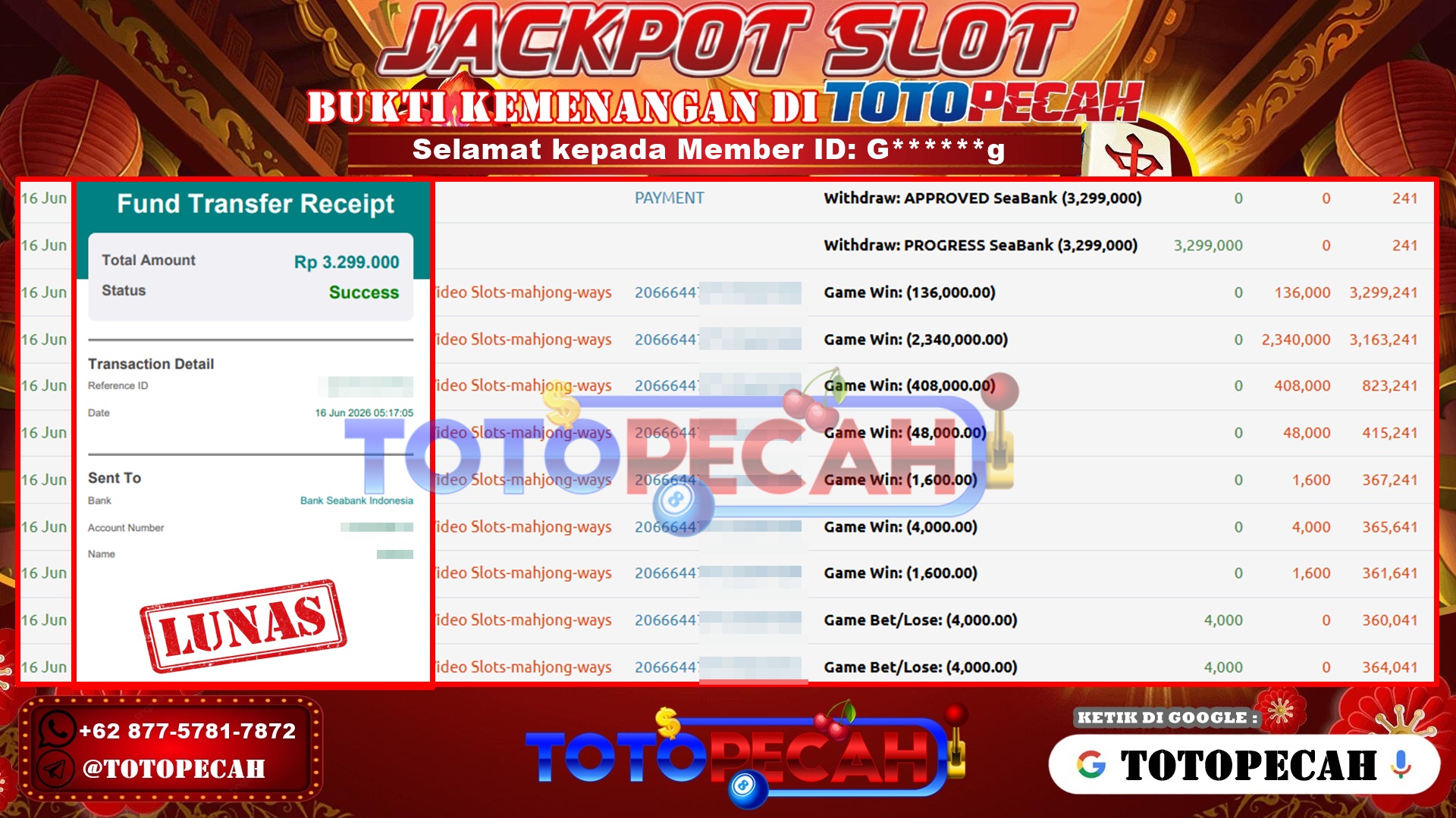 TOTOPECAH – BUKTI KEMENANGAN SLOT MAHJONG WAYS Rp 3,299,000 LUNAS! BUKTI WD TOTOPECAH 16 06 2026