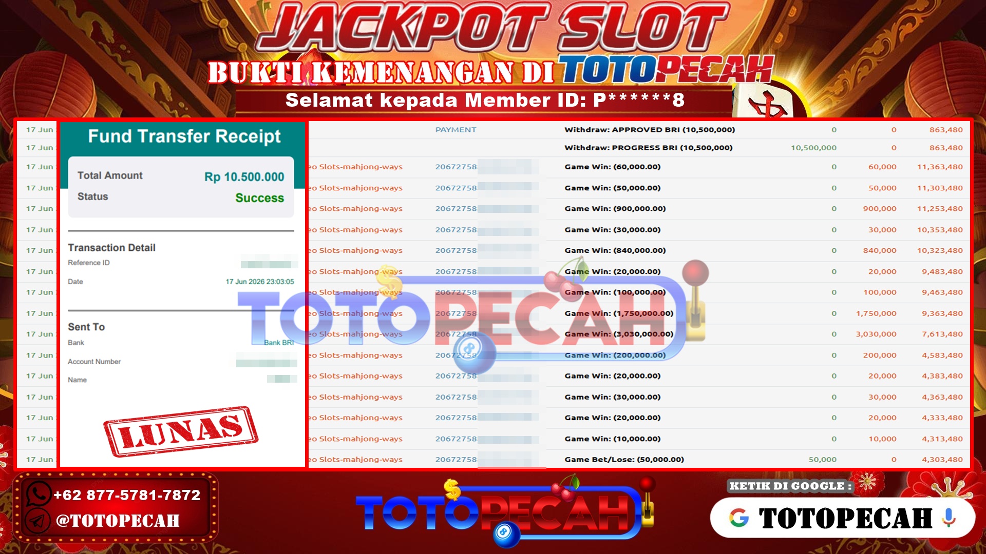TOTOPECAH – BUKTI KEMENANGAN SLOT MAHJONG WAYS Rp 10,500,000 LUNAS! BUKTI WD TOTOPECAH 17 06 2026