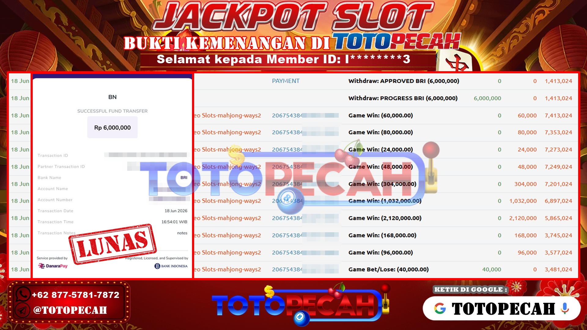 TOTOPECAH – BUKTI KEMENANGAN SLOT MAHJONG WAYS 2 Rp 6,000,000 LUNAS! BUKTI WD TOTOPECAH 18 06 2026