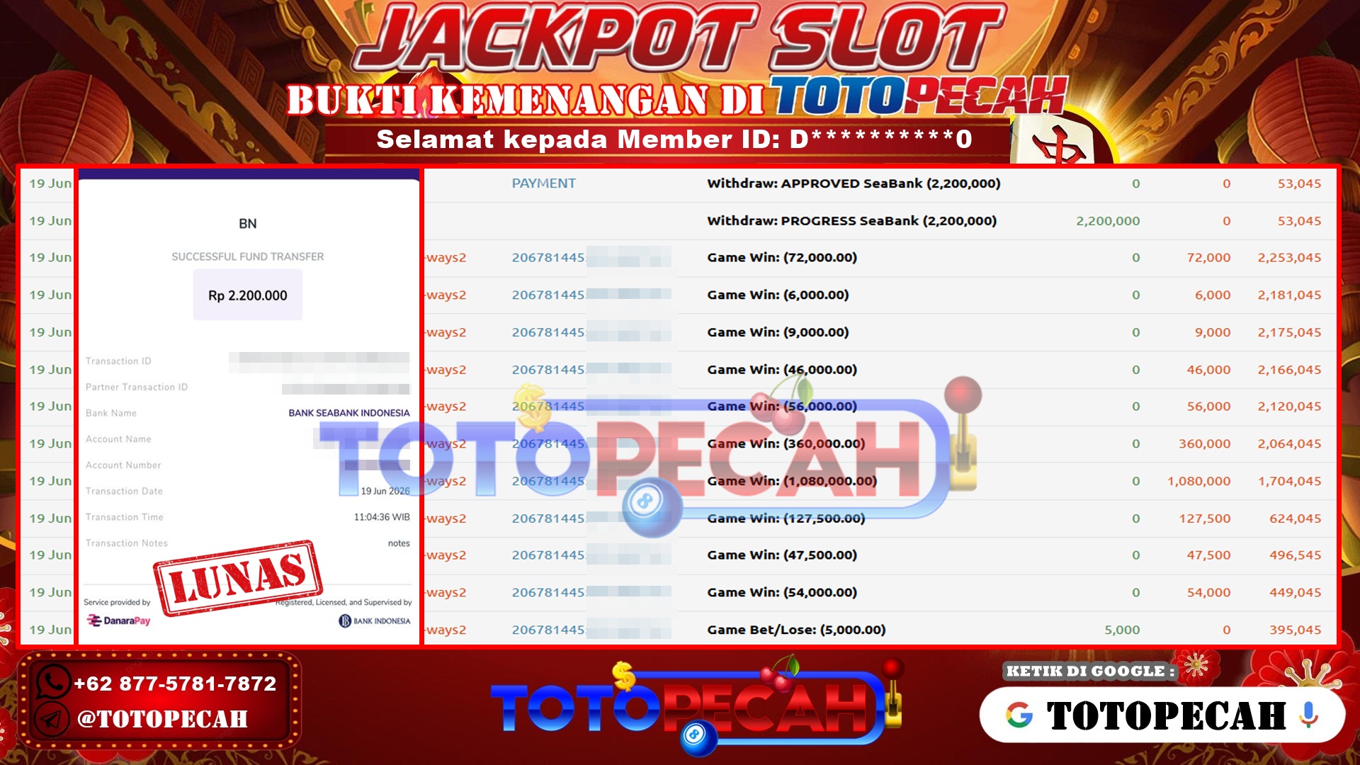 TOTOPECAH – BUKTI KEMENANGAN SLOT MAHJONG WAYS 2 Rp 2,200,000 LUNAS! BUKTI WD TOTOPECAH 19 06 2026