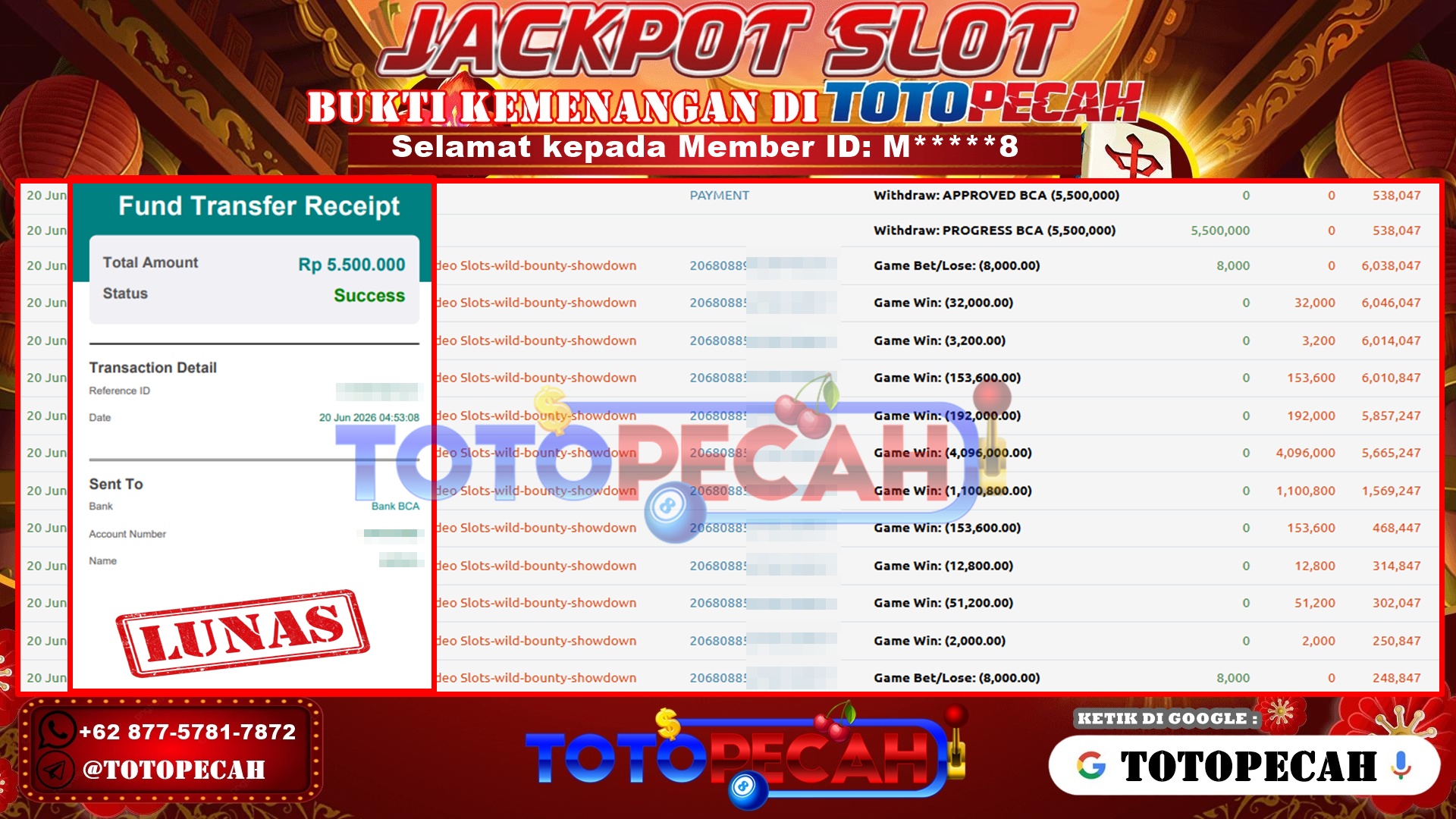 TOTOPECAH – BUKTI KEMENANGAN SLOT WILD BOUNTY SHOWDOWN Rp 5,500,000 LUNAS! BUKTI WD TOTOPECAH 20 06 2026