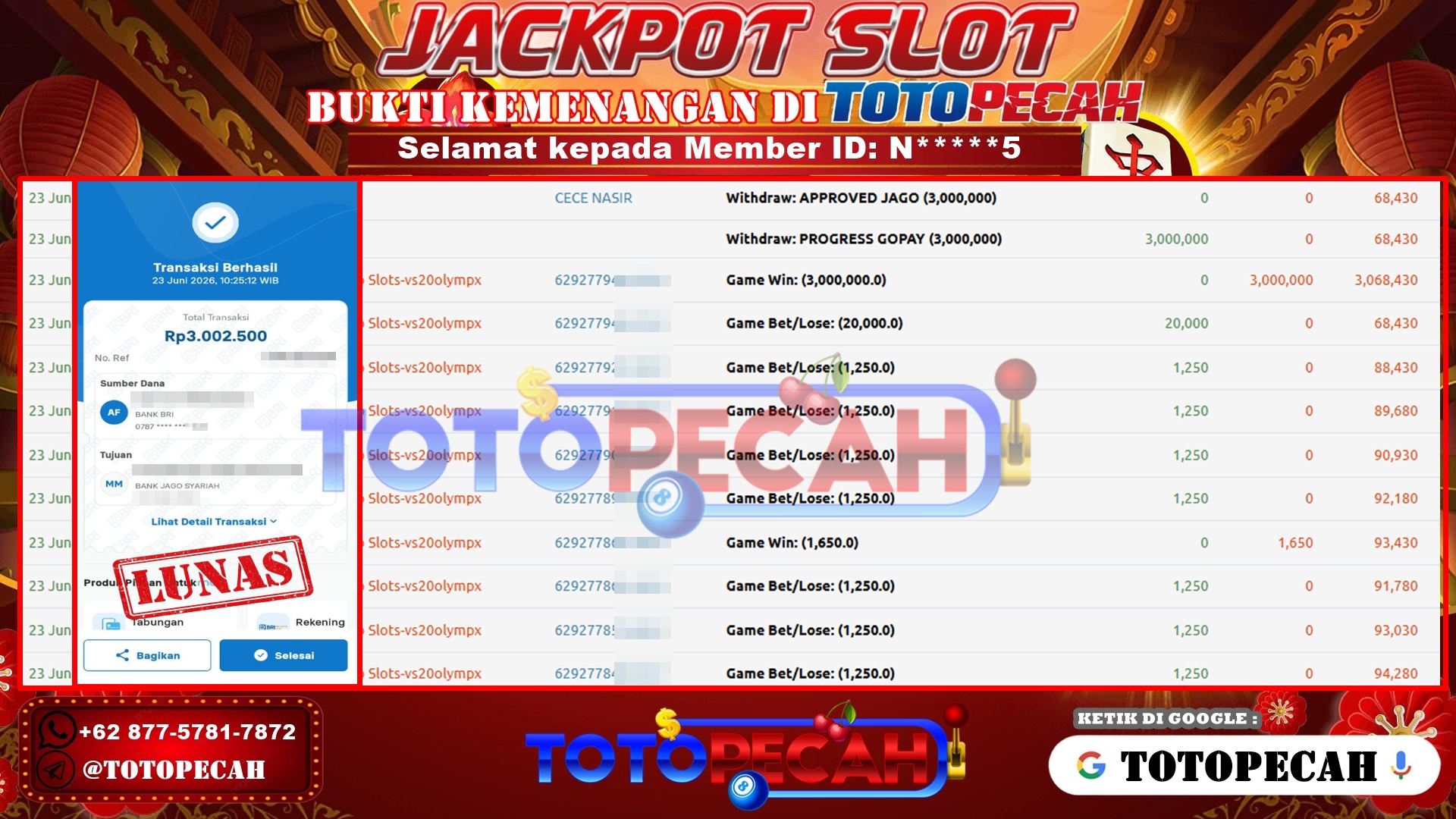 TOTOPECAH – BUKTI KEMENANGAN SLOT GATES OF OLYMPUS 1000 Rp 3,000,000 LUNAS! BUKTI WD TOTOPECAH 23 06 2026