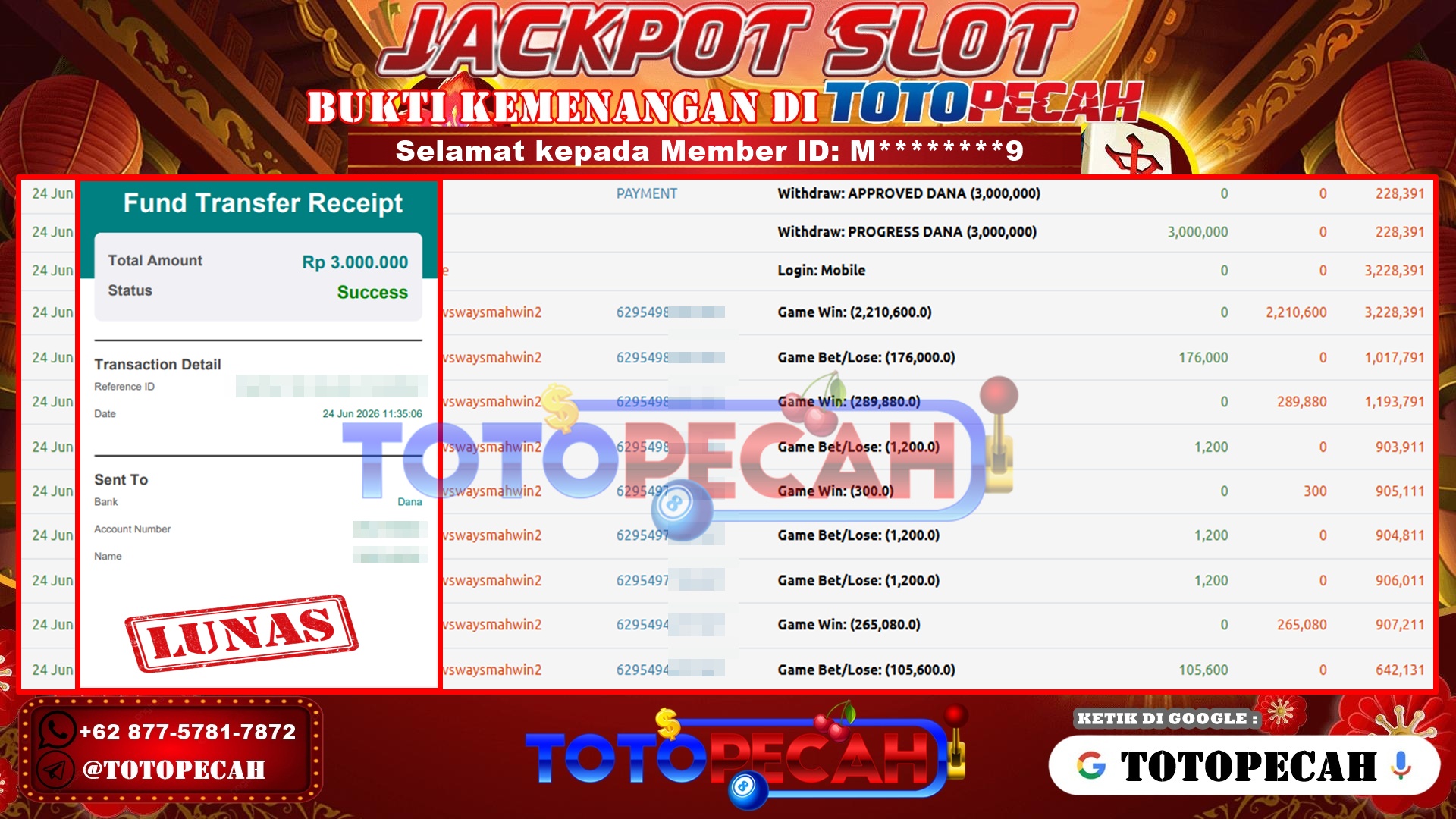 TOTOPECAH – BUKTI KEMENANGAN SLOT MAHJONG WIN 2 Rp 3,00,000 LUNAS! BUKTI WD TOTOPECAH 24 06 2026