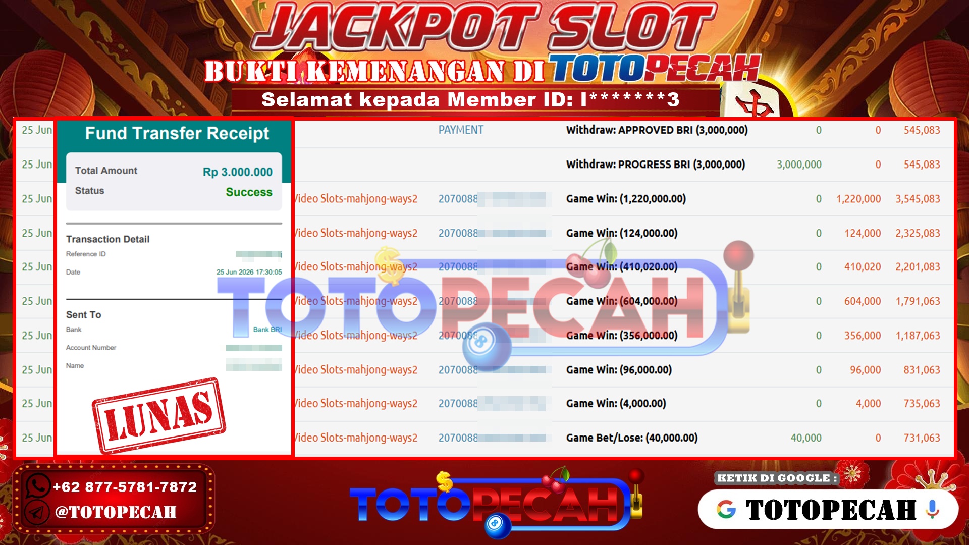 TOTOPECAH – BUKTI KEMENANGAN SLOT MAHJONG WAYS 2 Rp 3,00,000 LUNAS! BUKTI WD TOTOPECAH 25 06 2026