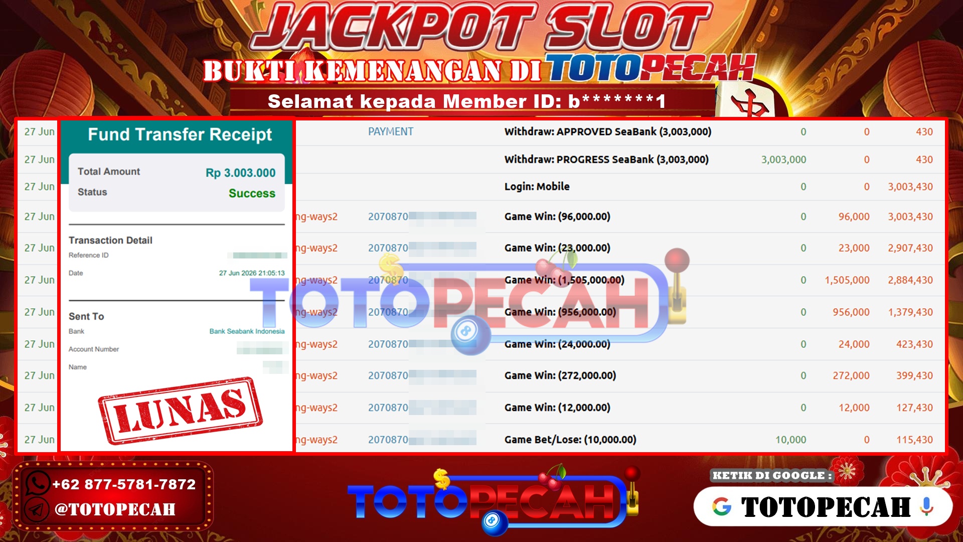 TOTOPECAH – BUKTI KEMENANGAN SLOT MAHJONG WAYS 2 Rp 3,003,000 LUNAS! BUKTI WD TOTOPECAH 27 06 2026