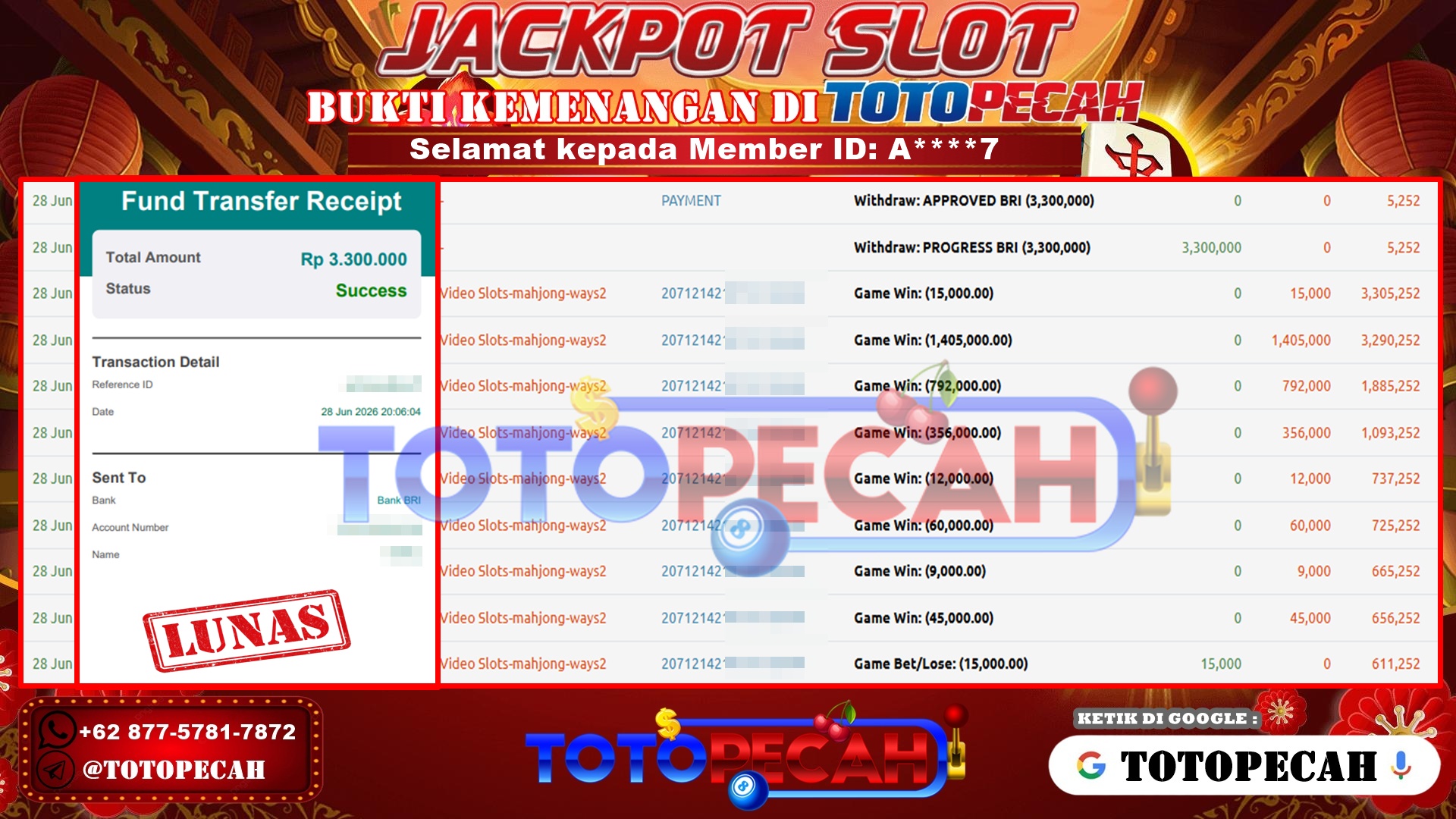 TOTOPECAH – BUKTI KEMENANGAN SLOT MAHJONG WAYS 2 Rp 3,300,000 LUNAS! BUKTI WD TOTOPECAH 28 06 2026