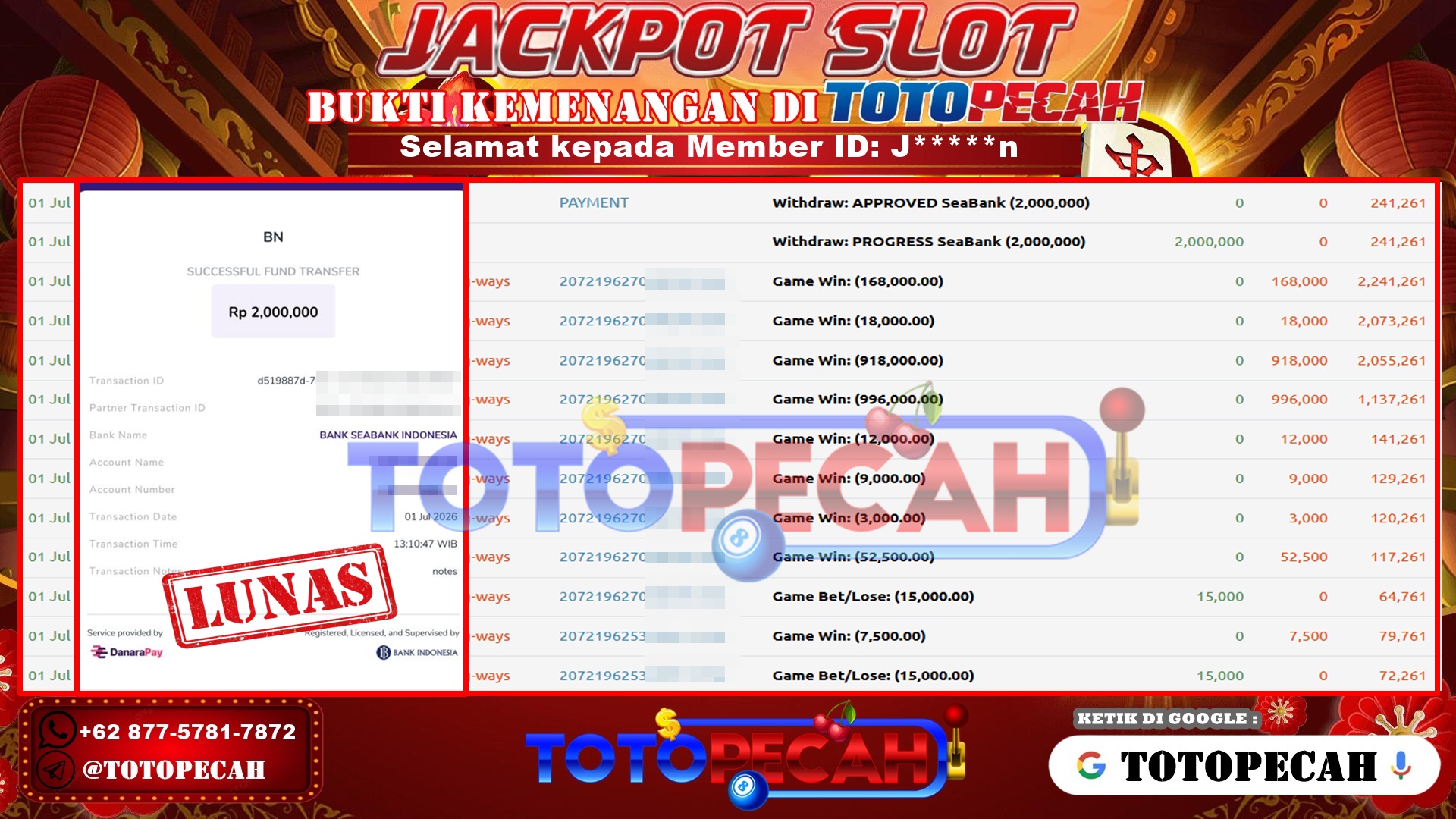 TOTOPECAH – BUKTI KEMENANGAN SLOT MAHJONG WAYS Rp 2,000,000 LUNAS! bukti wd totopecah 01 07 2026