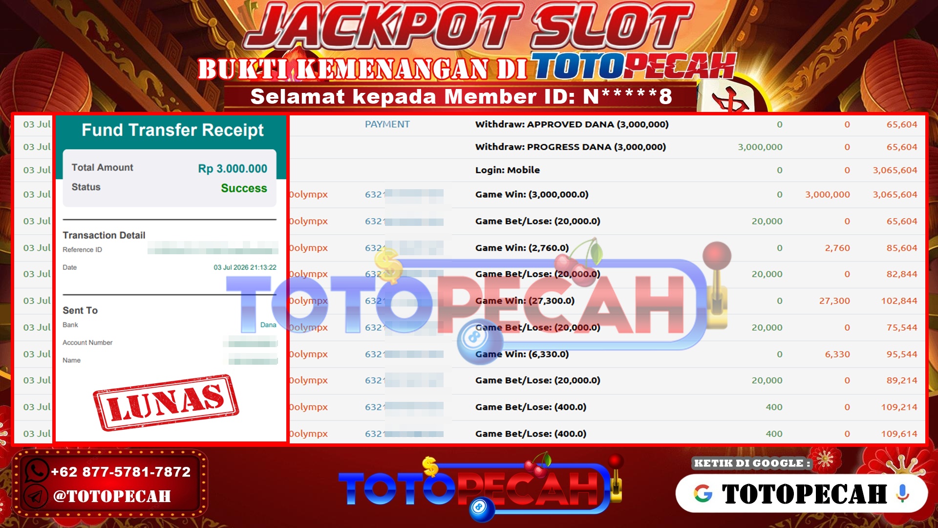TOTOPECAH – BUKTI KEMENANGAN SLOT GATES OF OLYMPUS 1000 Rp 3,000,000 LUNAS! BUKTI WD TOTOPECAH 03 07 2026