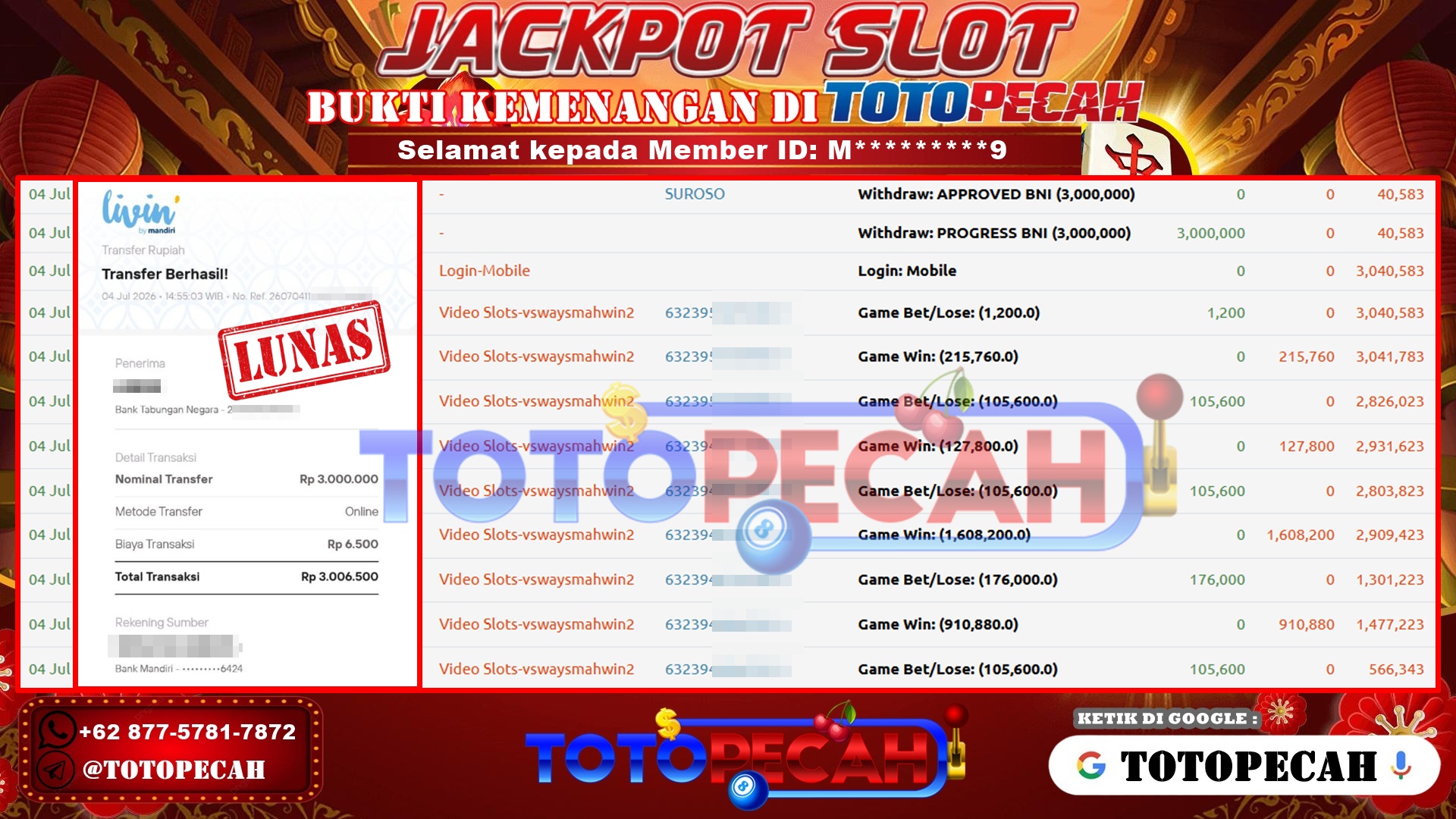 TOTOPECAH – BUKTI KEMENANGAN SLOT MAHJONG WINS 2 Rp 3,000,000 LUNAS! BUKTI WD TOTOPECAH 04 07 2026