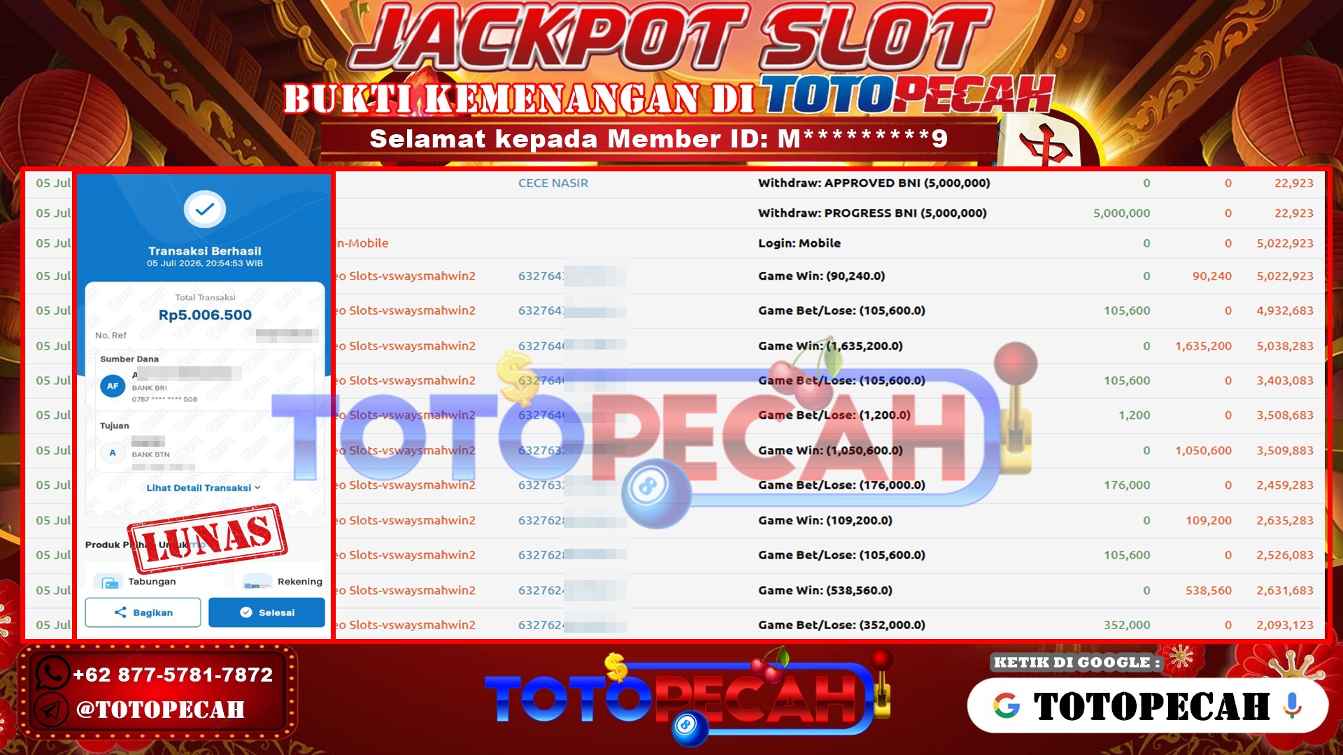 TOTOPECAH – BUKTI KEMENANGAN SLOT MAHJONG WINS 2 Rp 5,000,000 LUNAS! BUKTI WD TOTOPECAH 05 07 2026