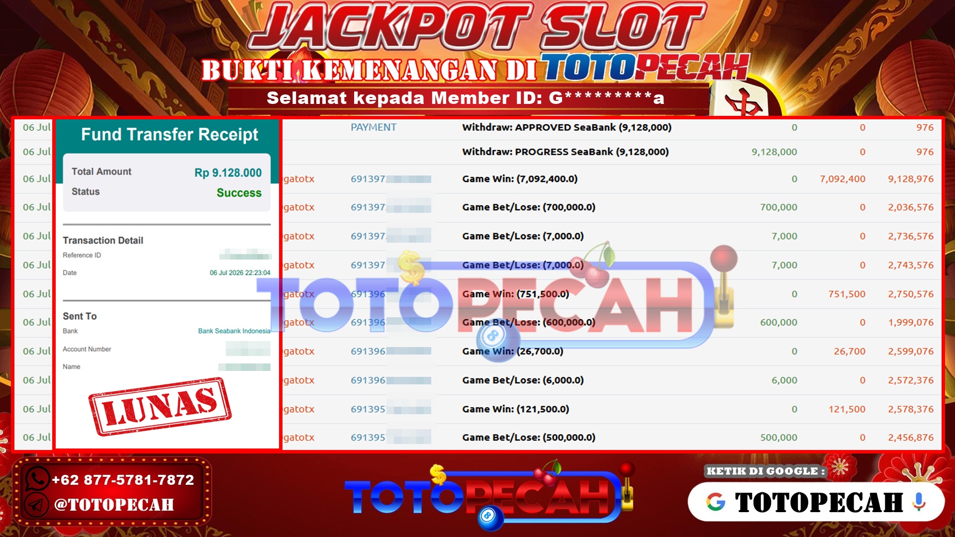 TOTOPECAH – BUKTI KEMENANGAN SLOT GATES OF GATOT KACA 1000 Rp 9,128,000 LUNAS! BUKTI WD TOTOPECAH 06 07 2026
