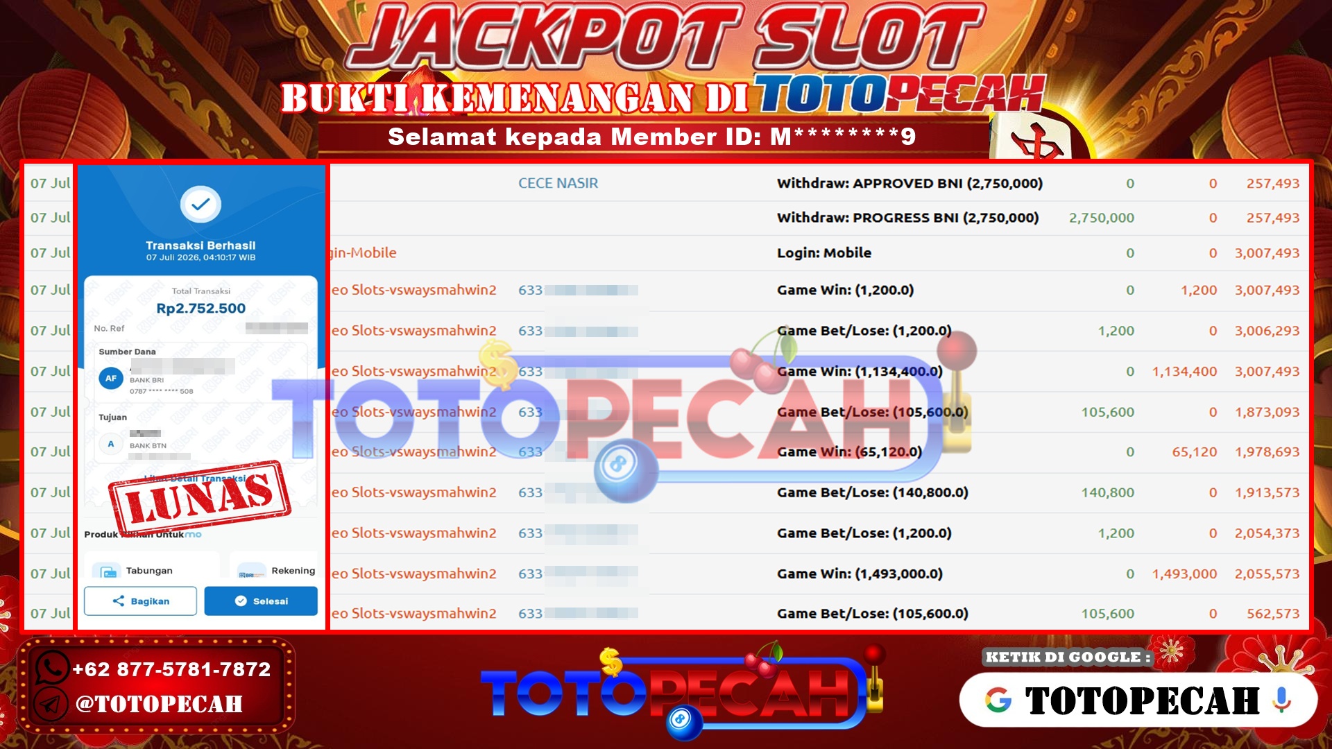 TOTOPECAH – BUKTI KEMENANGAN SLOT MAHJONG WINS 2 Rp 2,750,000 LUNAS! BUKTI WD TOTOPECAH 07 07 2026