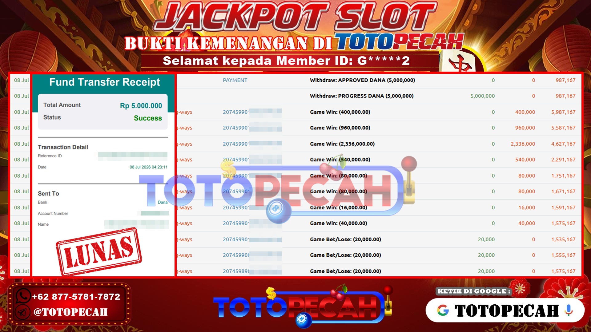TOTOPECAH – BUKTI KEMENANGAN SLOT MAHJONG WAYS Rp 5,000,000 LUNAS! BUKTI WD TOTOPECAH 08 07 2026