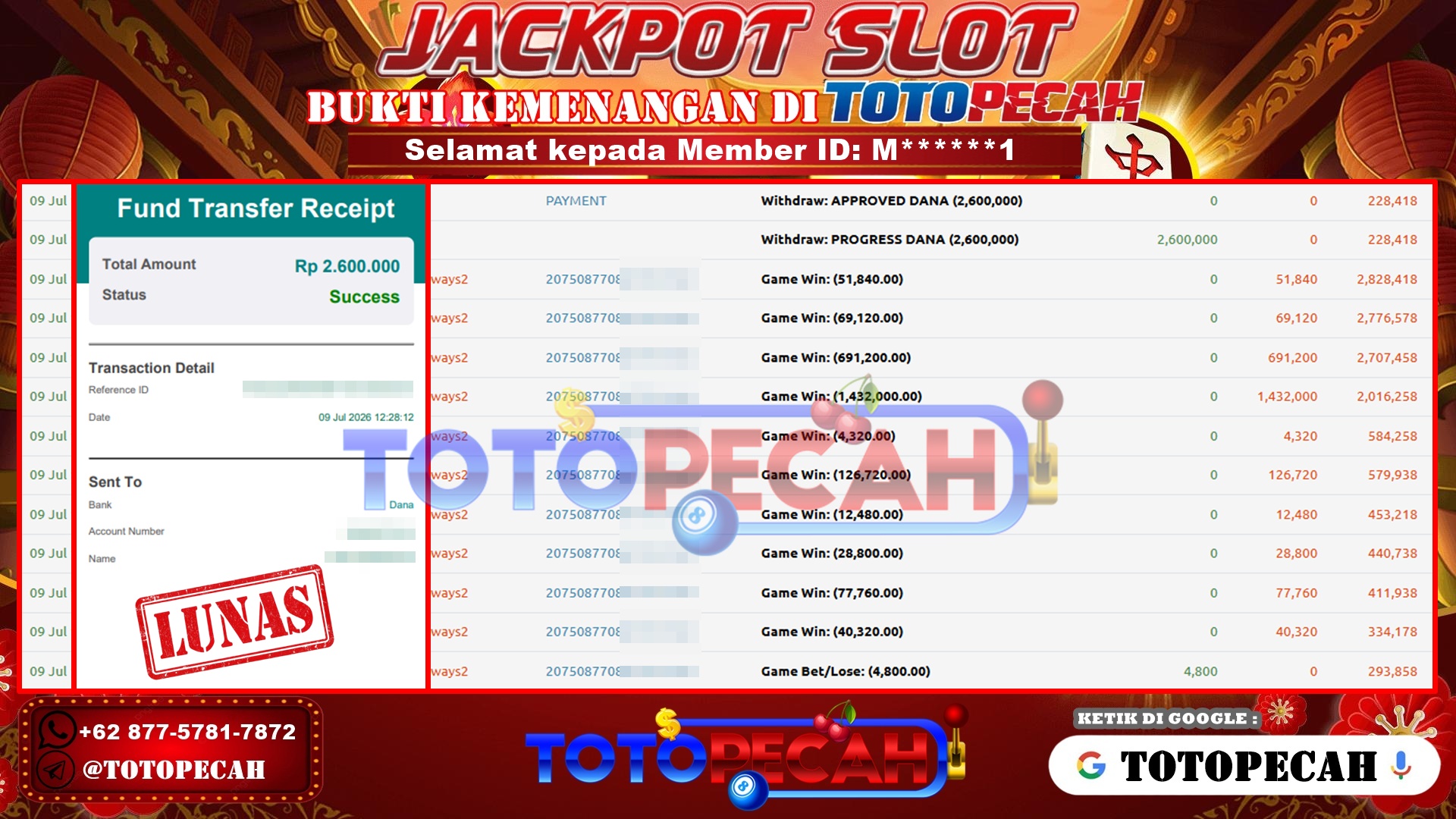 TOTOPECAH – BUKTI KEMENANGAN SLOT MAHJONG WAYS 2 Rp 2,600,000 LUNAS! BUKTI WD TOTOPECAH 09 07 2026