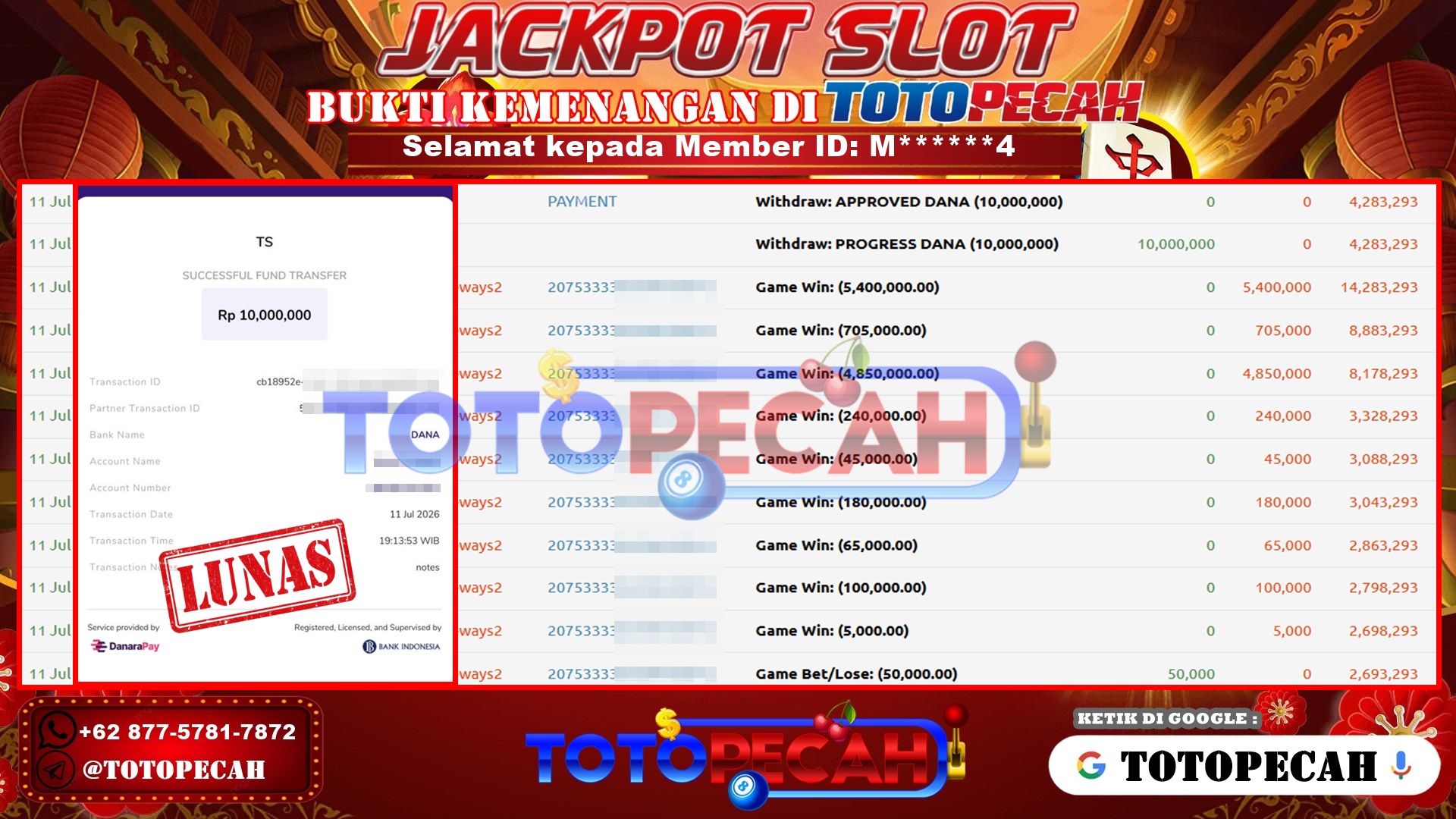 TOTOPECAH – BUKTI KEMENANGAN SLOT MAHJONG WAYS 2 Rp 10,000,000 LUNAS! BUKTI WD TOTOPECAH 11 07 2026