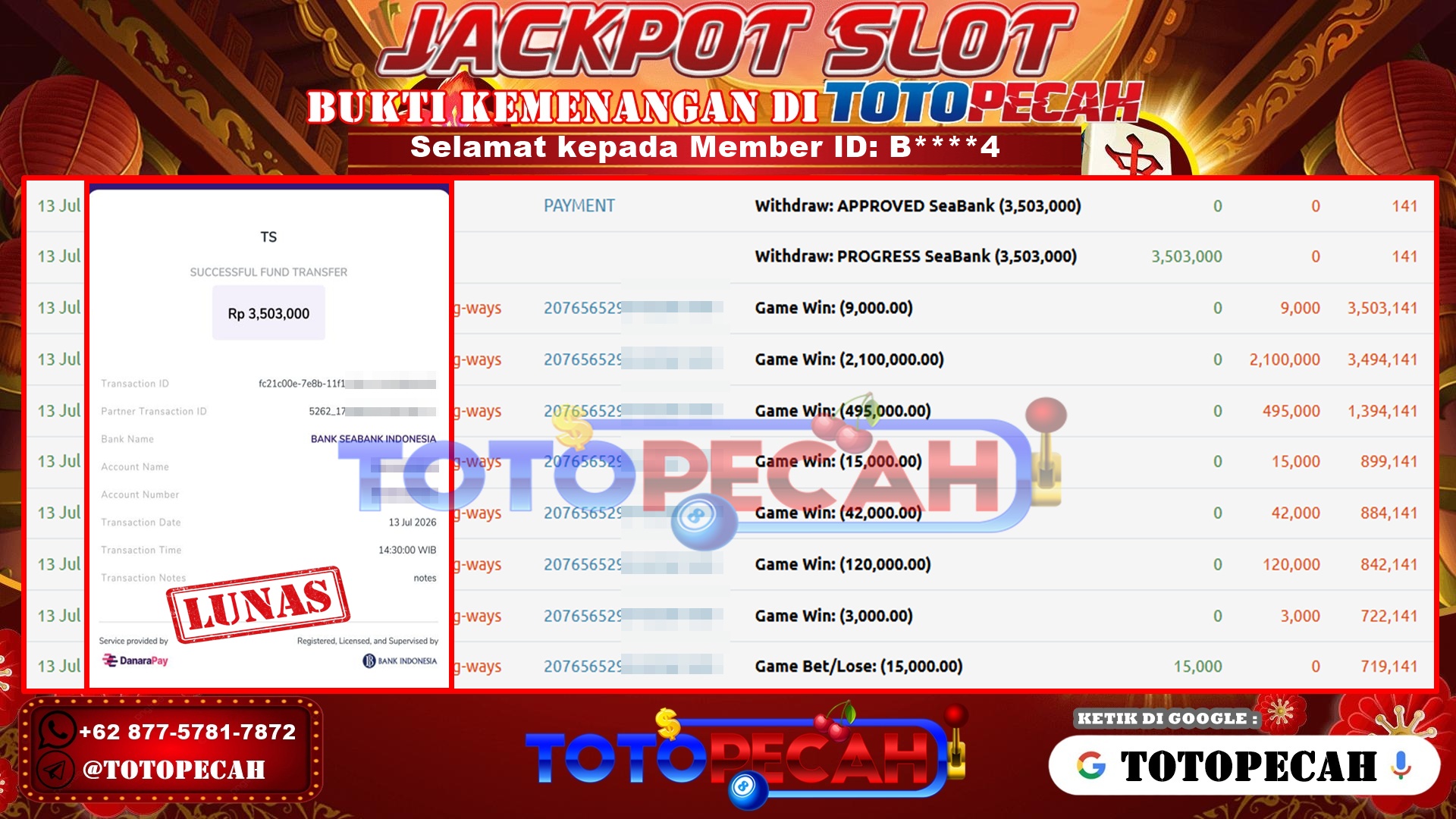 TOTOPECAH – BUKTI KEMENANGAN SLOT MAHJONG WAYS Rp 3,503,000 LUNAS! BUKTI WD TOTOPECAH 13 07 2026