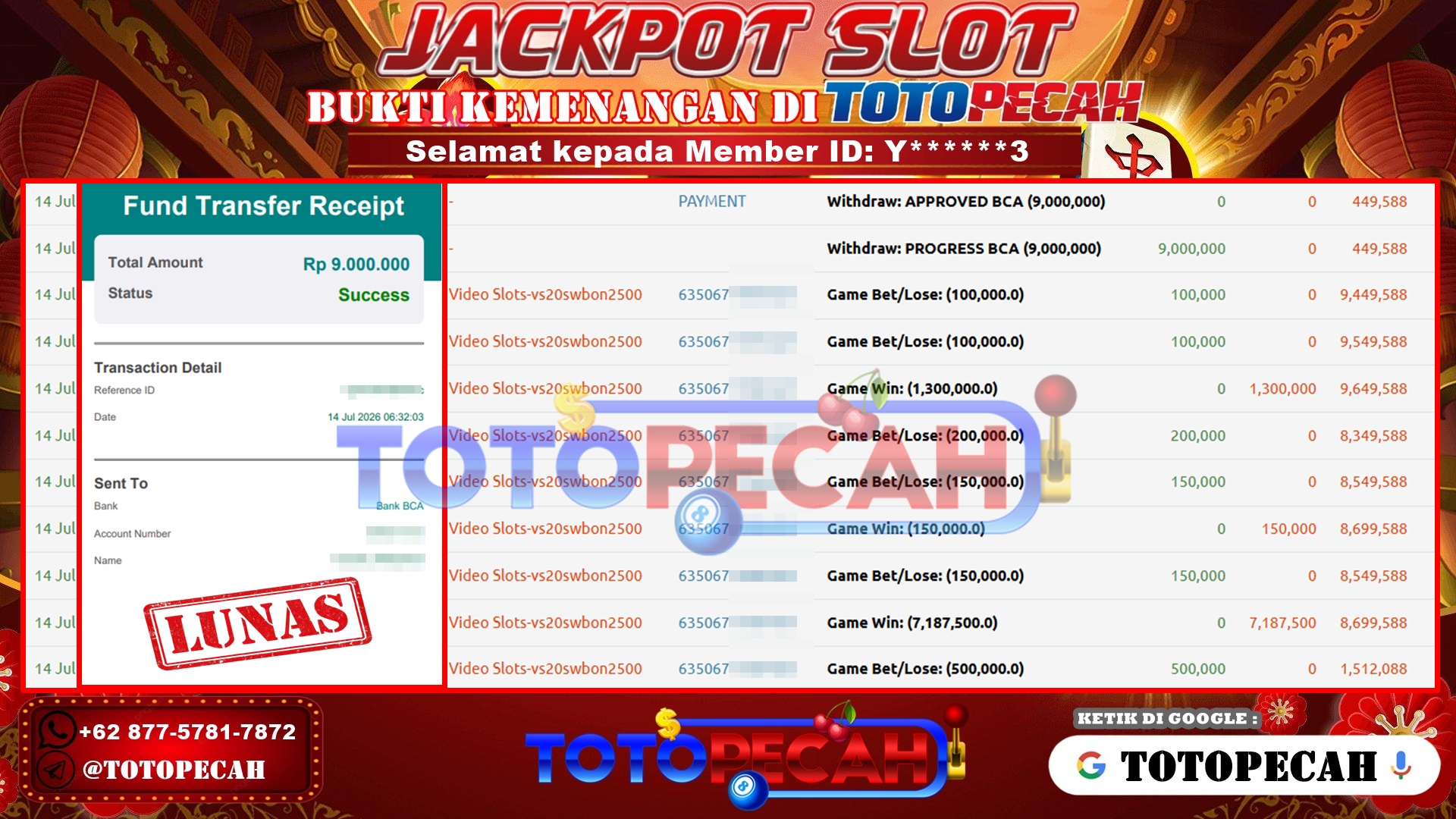 TOTOPECAH – BUKTI KEMENANGAN SLOT SWEET BONANZA 2500 Rp 9,000,000 LUNAS! BUKTI WD TOTOPECAH 14 07 2026