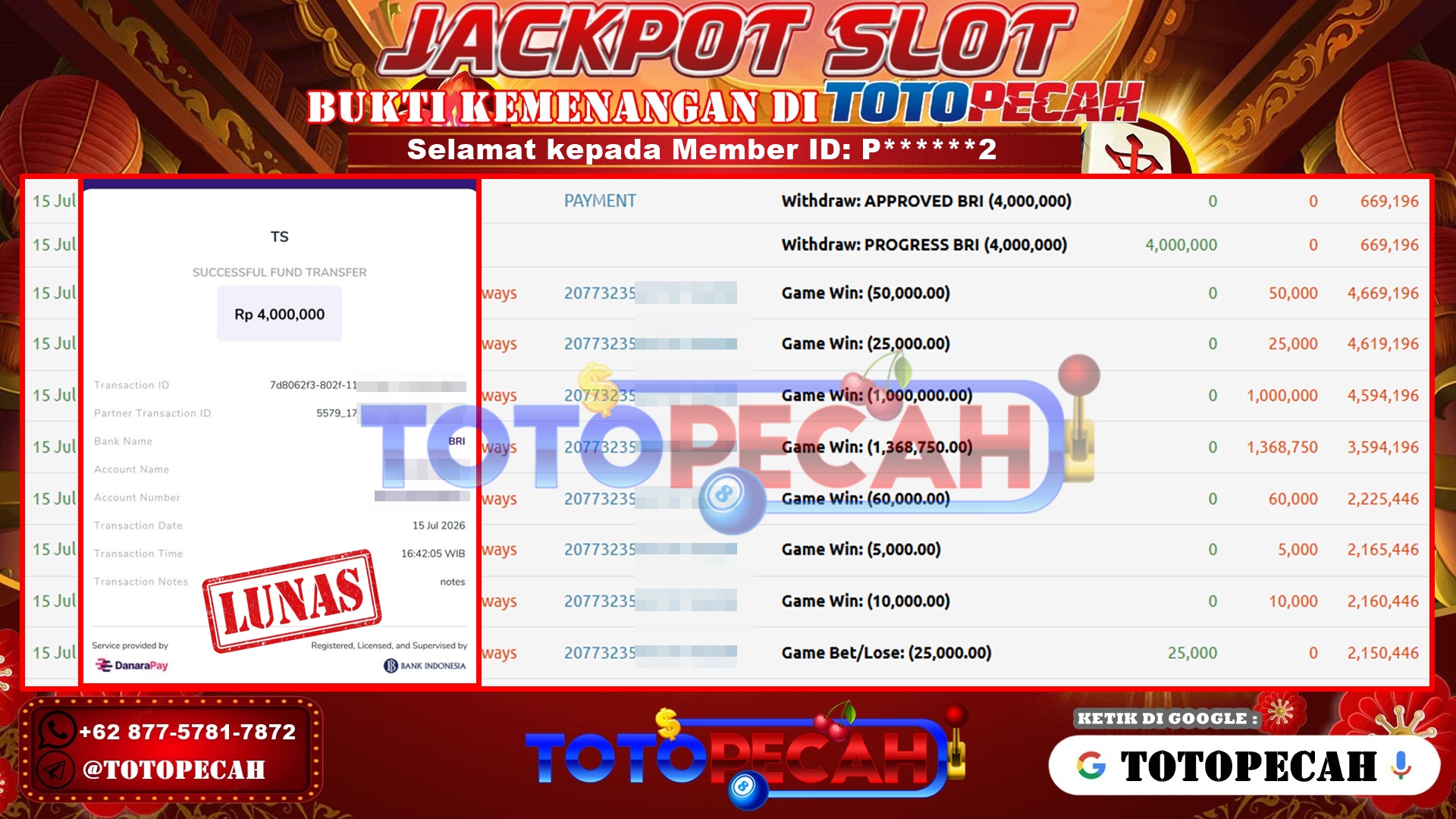 TOTOPECAH – BUKTI KEMENANGAN SLOT MAHJONG WAYS Rp 4,000,000 LUNAS! BUKTI WD TOTOPECAH 15 07 2026