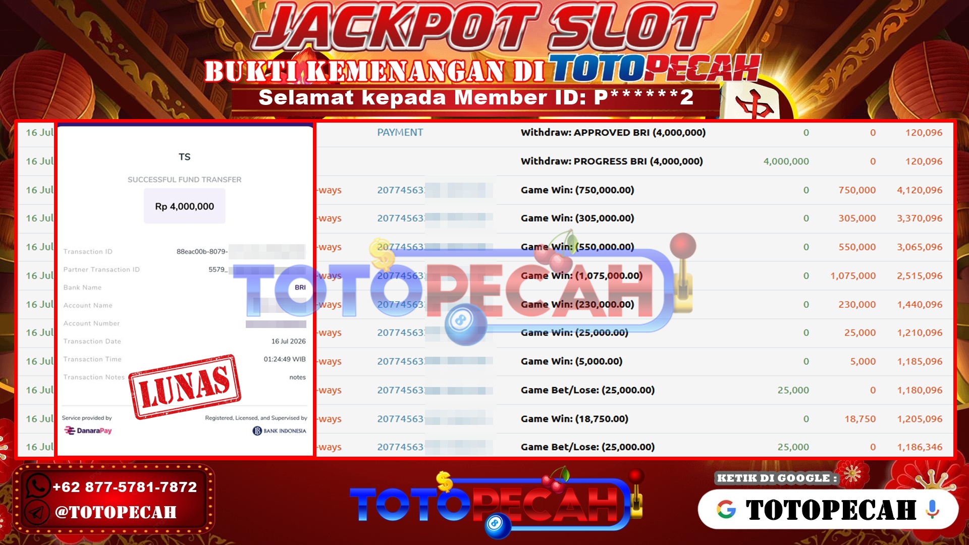 TOTOPECAH – BUKTI KEMENANGAN SLOT MAHJONG WAYS Rp 4,000,000 LUNAS! BUKTI WD TOTOPECAH 16 07 2026
